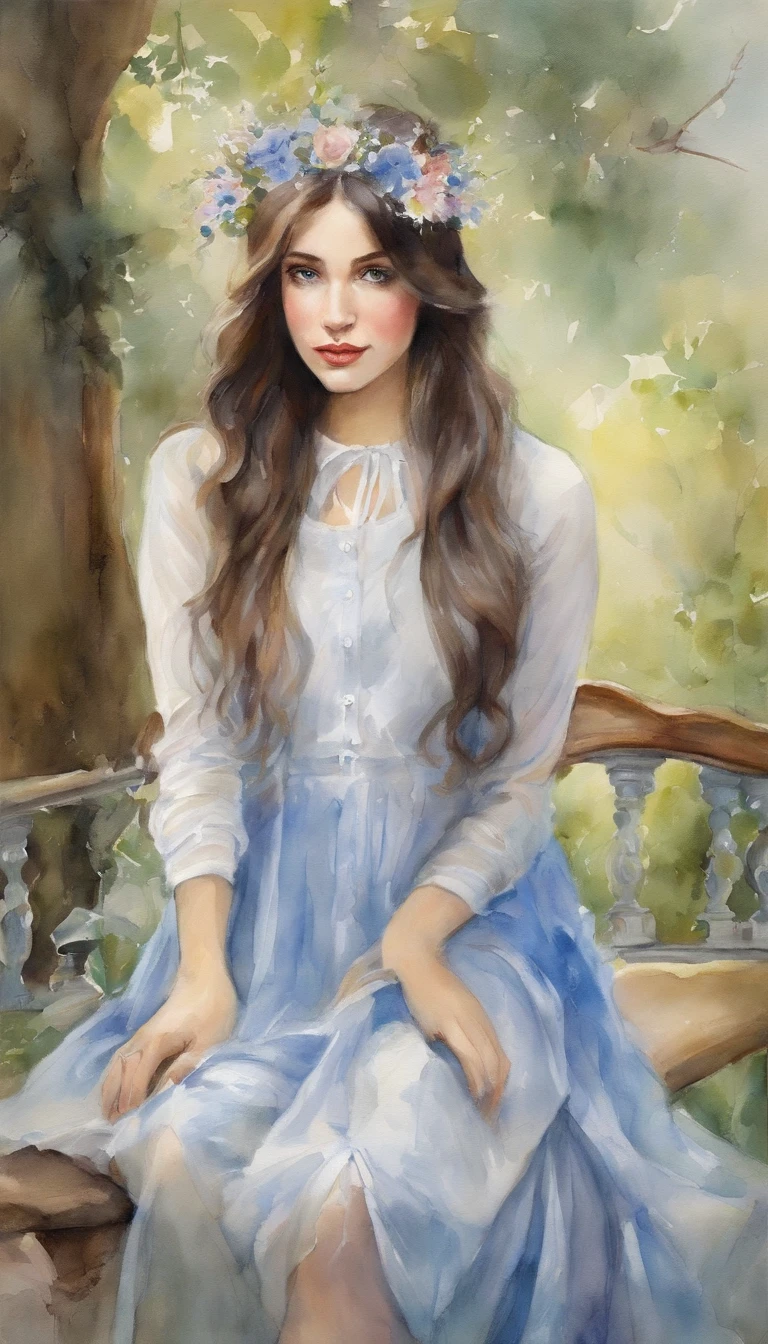 (No exposed skin, voluminous long-sleeved blouse, voluminous miniskirt, knee socks), (Solo), Very cute girl (1), Park, Bench, Sunlight, ((Shining blue super long hair, headband on both sides) flower)), (blue eyes), small breasts, (glitter) (detail objects)