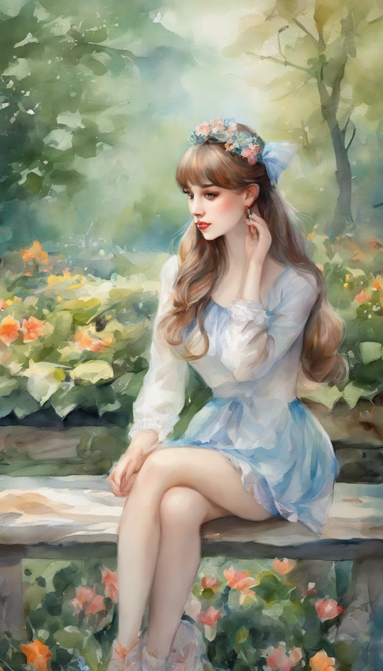 (No exposed skin, voluminous long-sleeved blouse, voluminous miniskirt, knee socks), (Solo), Very cute girl (1), Park, Bench, Sunlight, ((Shining blue super long hair, headband on both sides) flower)), (blue eyes), small breasts, (glitter) (detail objects)