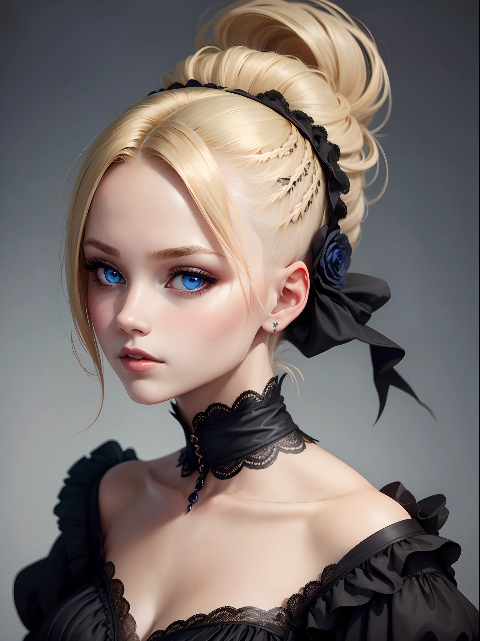 1 girl, side haircut, undercut, black gown, vintage, Victorian, blue eyes, blonde