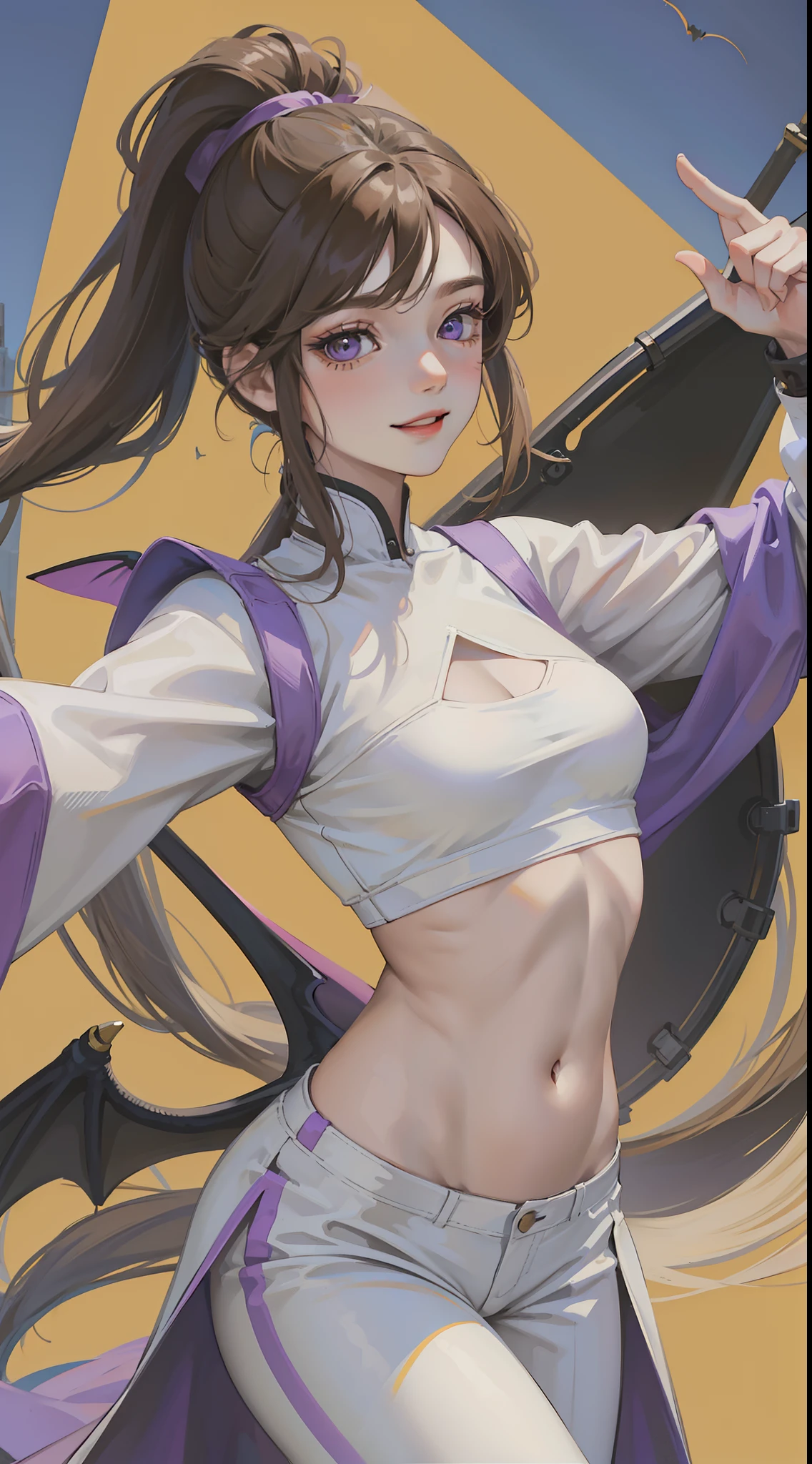 young girl, Long brown hair, high ponytail, yellow and purple eyes, white tight top, open belly, open breasts, fishing net, tight purple pants, Bat wings, Smile, Masterpiece, hiquality, 4k, HD, Good detail