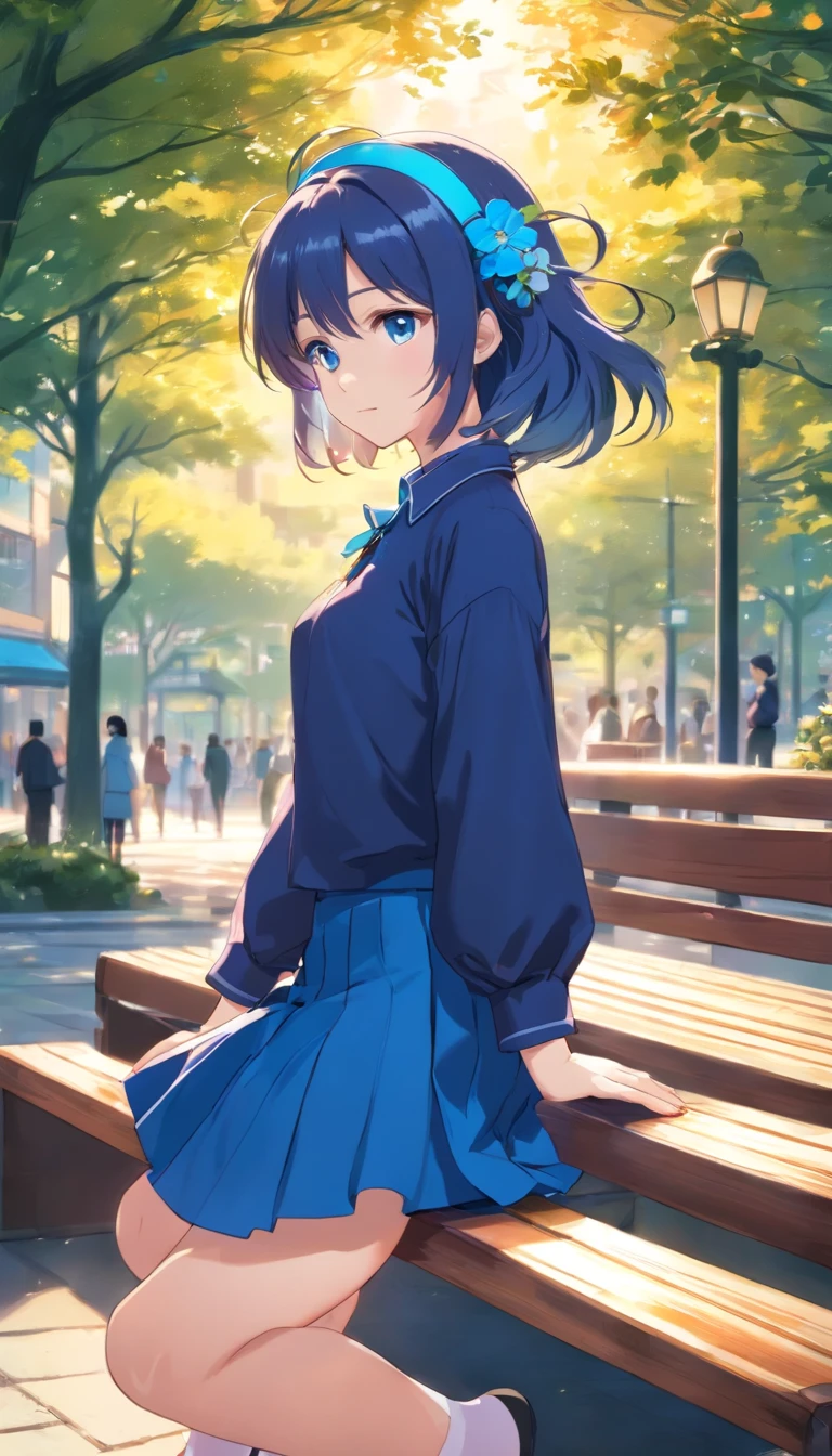 Anime girl sitting on a bench in a park with trees - SeaArt AI