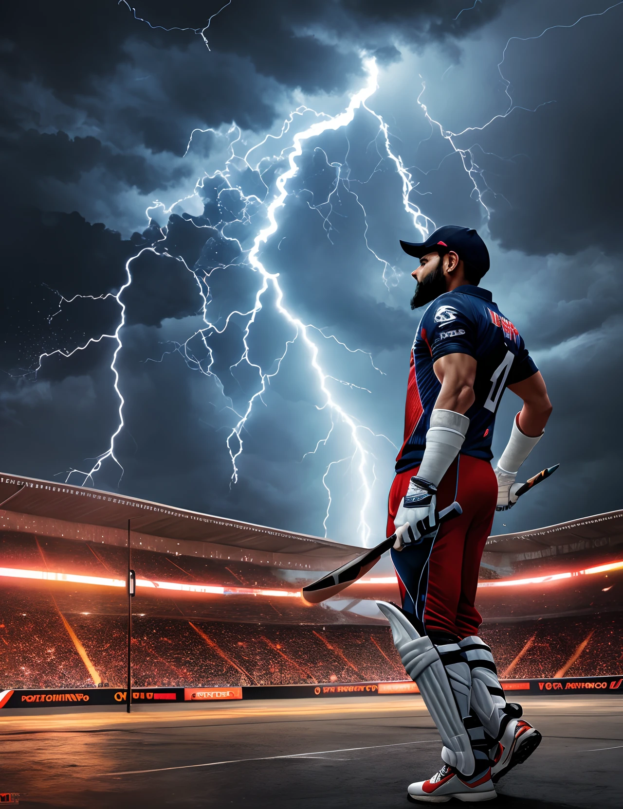 virat kohli 3000, storm, Dark clouds, lightning, night time, lightning, raining a lot, Particles, explosions, realistic, full body --auto --s2