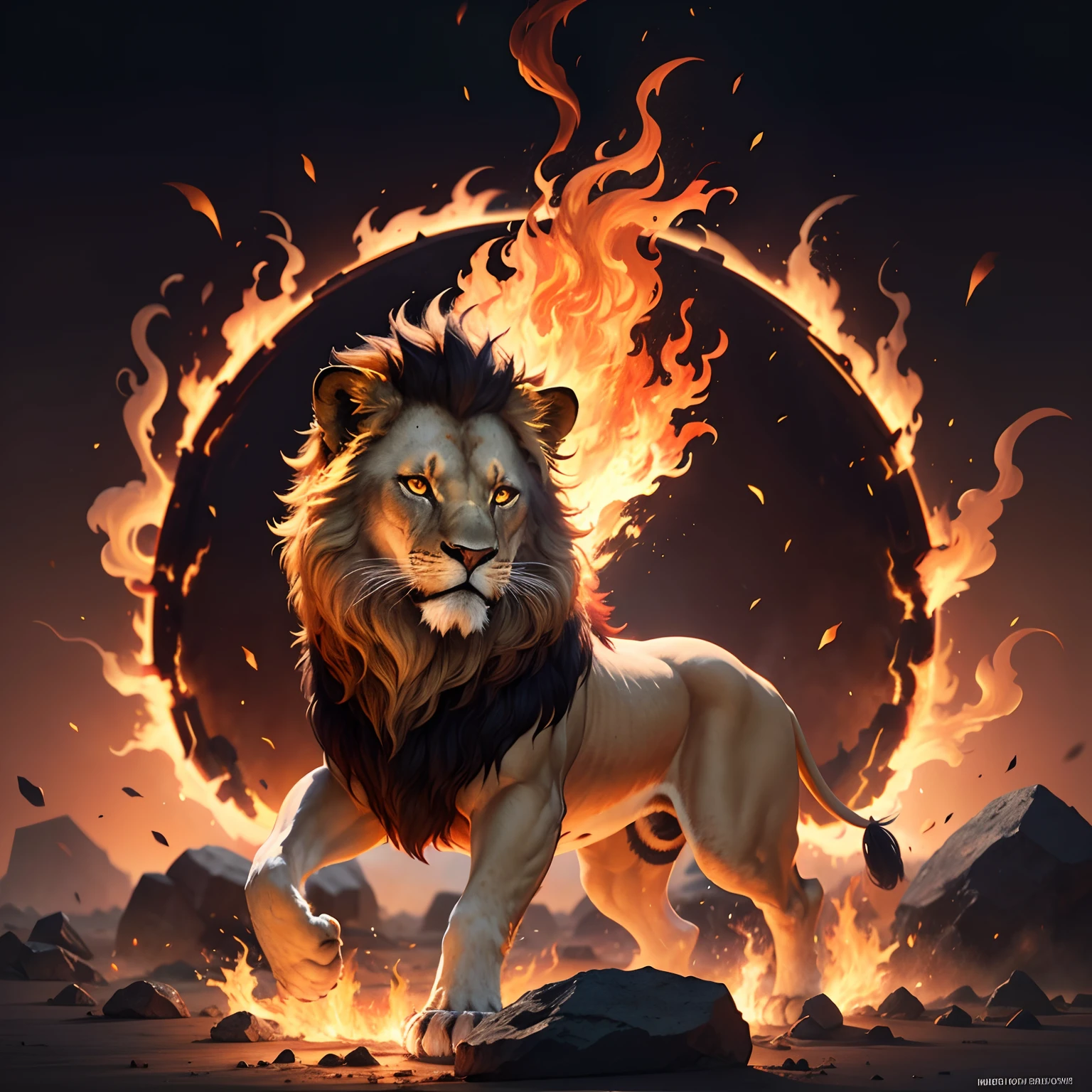 Lion on fire, epopeya, leon ardiendo, Mythological Being, leon de fuego majestuoso, leon con cuerpo de leon de fuego, leon rugiendo,