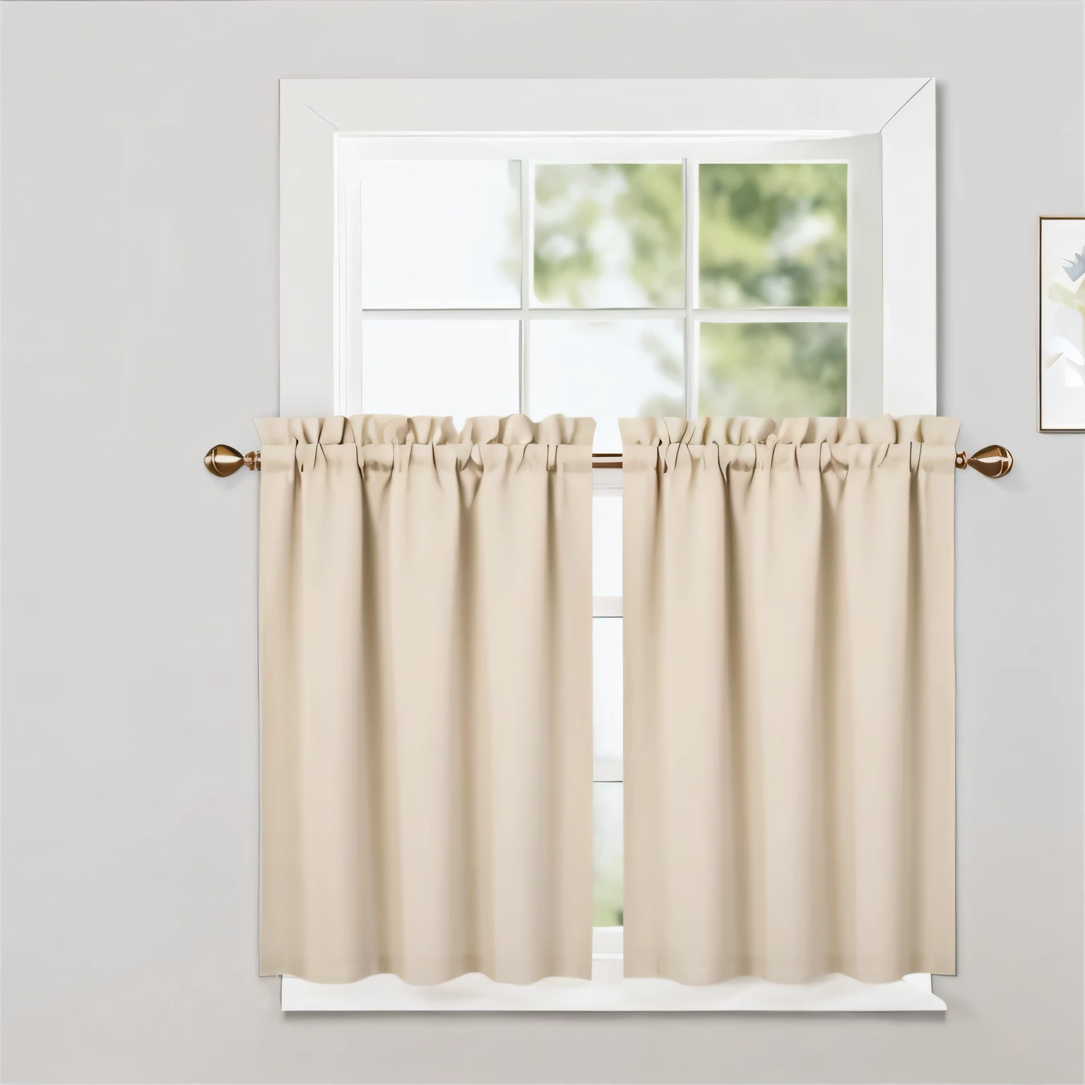 white curtain,The edges have folds and gold rods, with two front pockets, with backdrop of natural light, Curtains, 3 pcs, finely detailed features, curtain, A pair of ribs, Curtain bangs, Product photo, Ivory, interior of a small, filled with natural light, wide high angle view, detailed and soft, designed for cozy aesthetics!