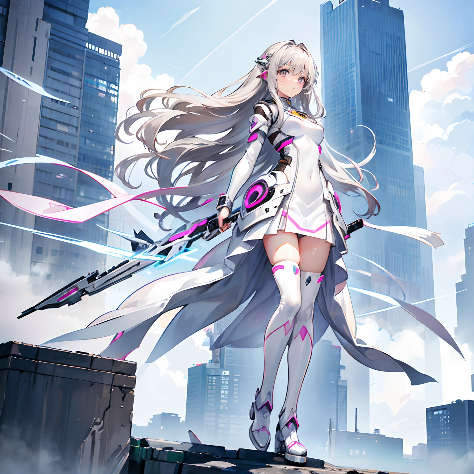 Silver-gray hair，Pink-brown eyes，long whitr hair，curlies，adolable，teens girl，，White gorgeous beautiful dress，Tech armor，science fiction elements，Weapon in hand，Knee-length boots on his feet，fully body photo，All body，Fingers and arms are not exposed，Background city，with blue sky and white clouds，