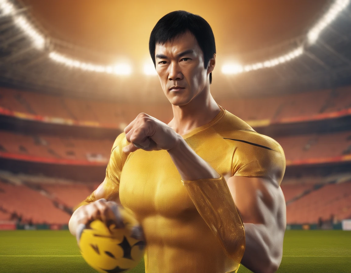 Bruce Lee's burly body is not wearing clothes, playing football in the stadium, against Elon Musk