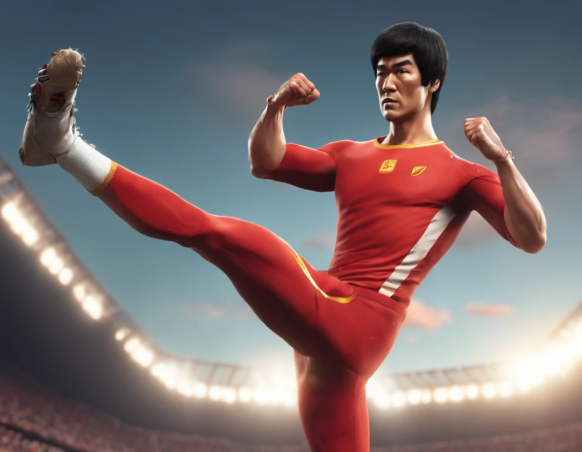 Bruce Lee's burly body is not wearing clothes, playing football in the stadium, against Elon Musk