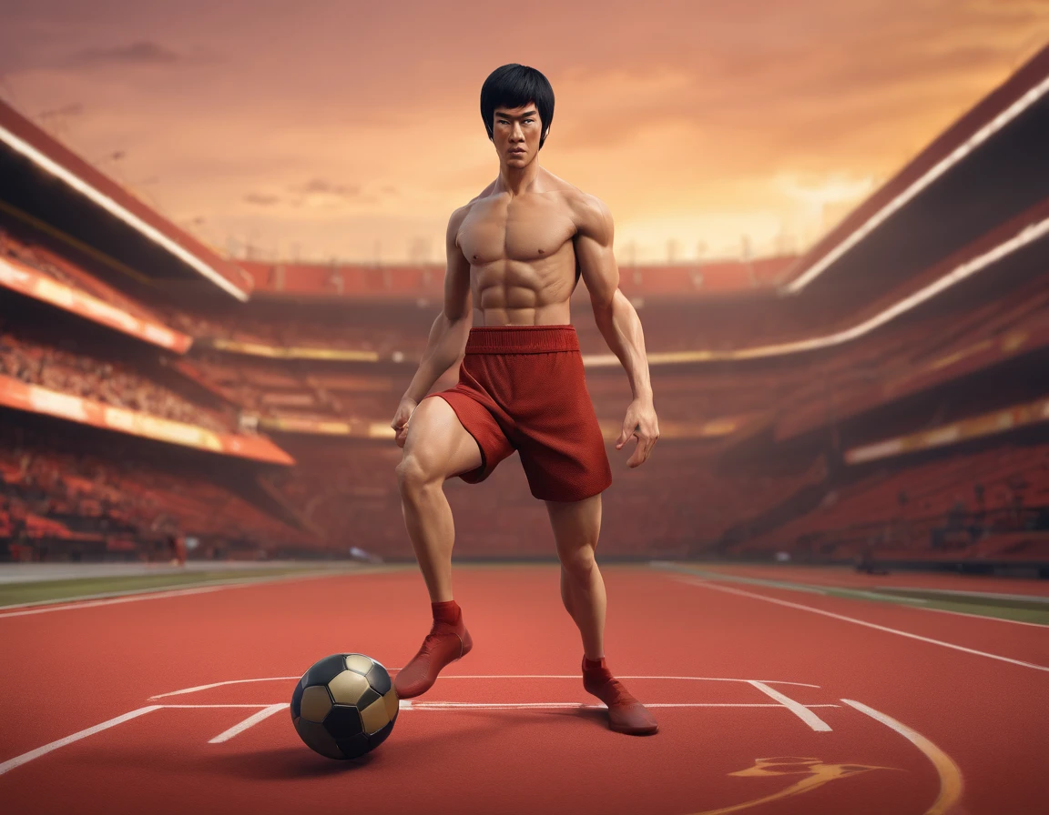 Bruce Lee's burly body is not wearing clothes, playing football in the stadium, against Elon Musk