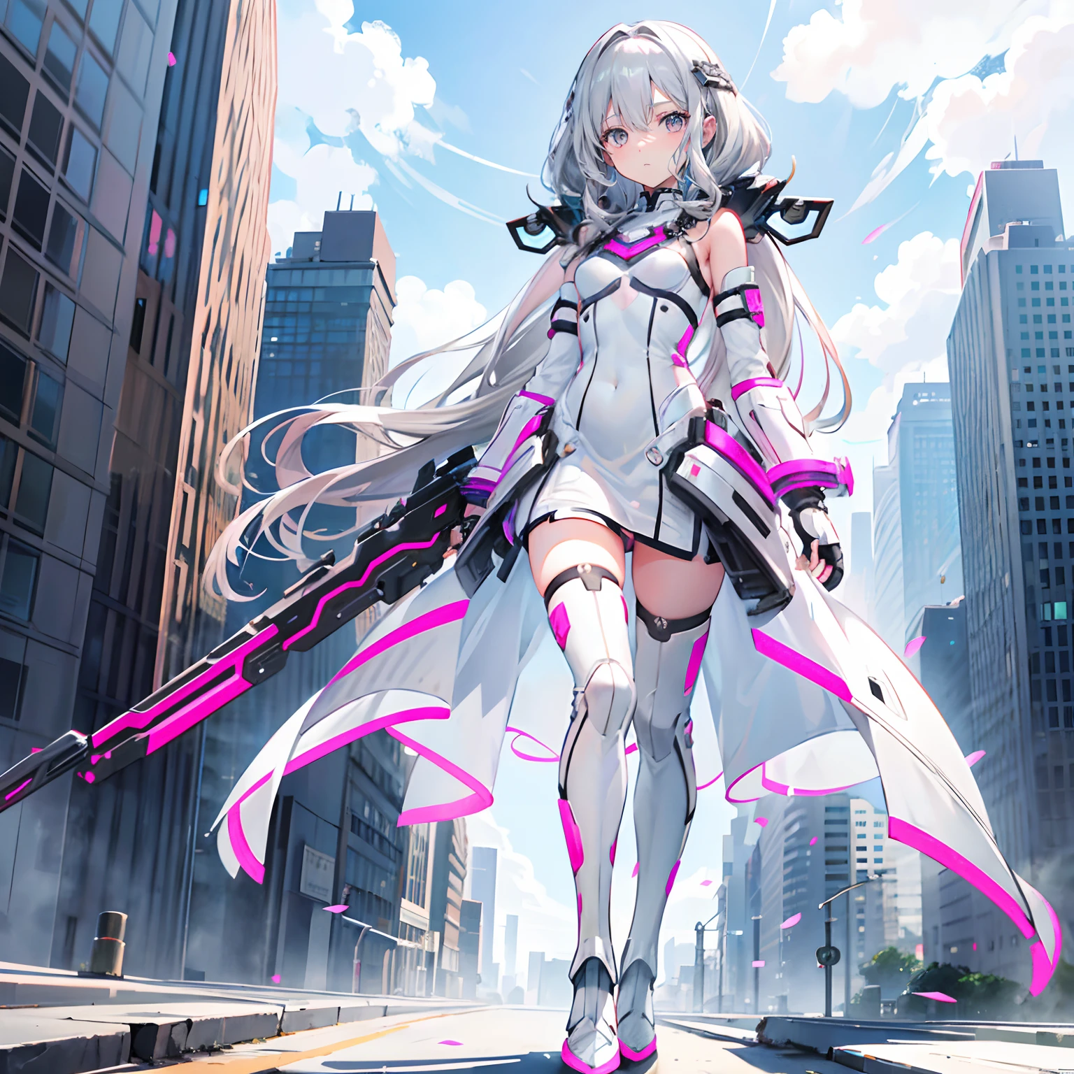 Silver-gray hair,Pink-brown eyes,long whitr hair,curlies,adolable,teens girl,,White gorgeous beautiful dress,Tech armor,science fiction elements,Weapon in hand,Knee-length boots on his feet,fully body photo,All body,Fingers and arms are not exposed,Background city,with blue sky and white clouds,