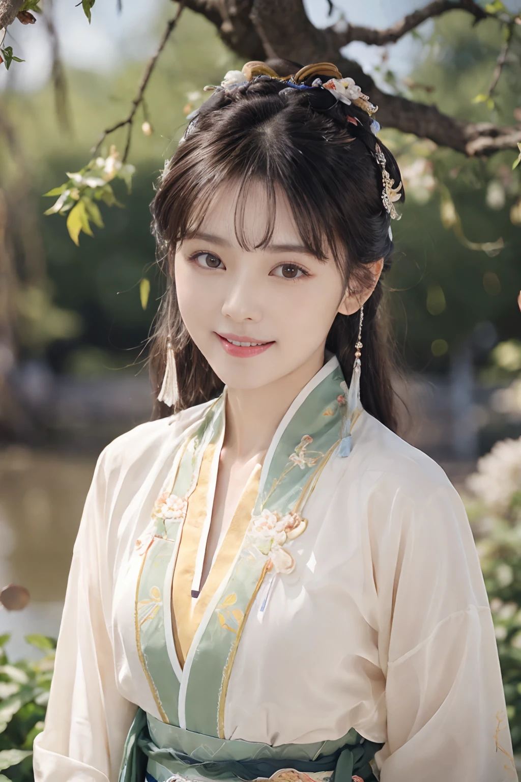 Best quality at best,tmasterpiece,超高分辨率,(photo-realistic:1.4),8K raw photos, A high resolution,Ancient Chinese Hanfu, Song uniform Han uniform, Beautiful pattern, Colorful embroidery, beautiful eyes in detail, long eyelasher, RAW photogr, face to the viewer, The upper part of the body, Close-up Shot Shot, ((( Landscape background))),(1girll), 独奏, ((The upper part of the body)), Beautiful hairstyle, hair adornments, Beads, jewelry, No action, Front lighting, ssmile, (looks into camera)