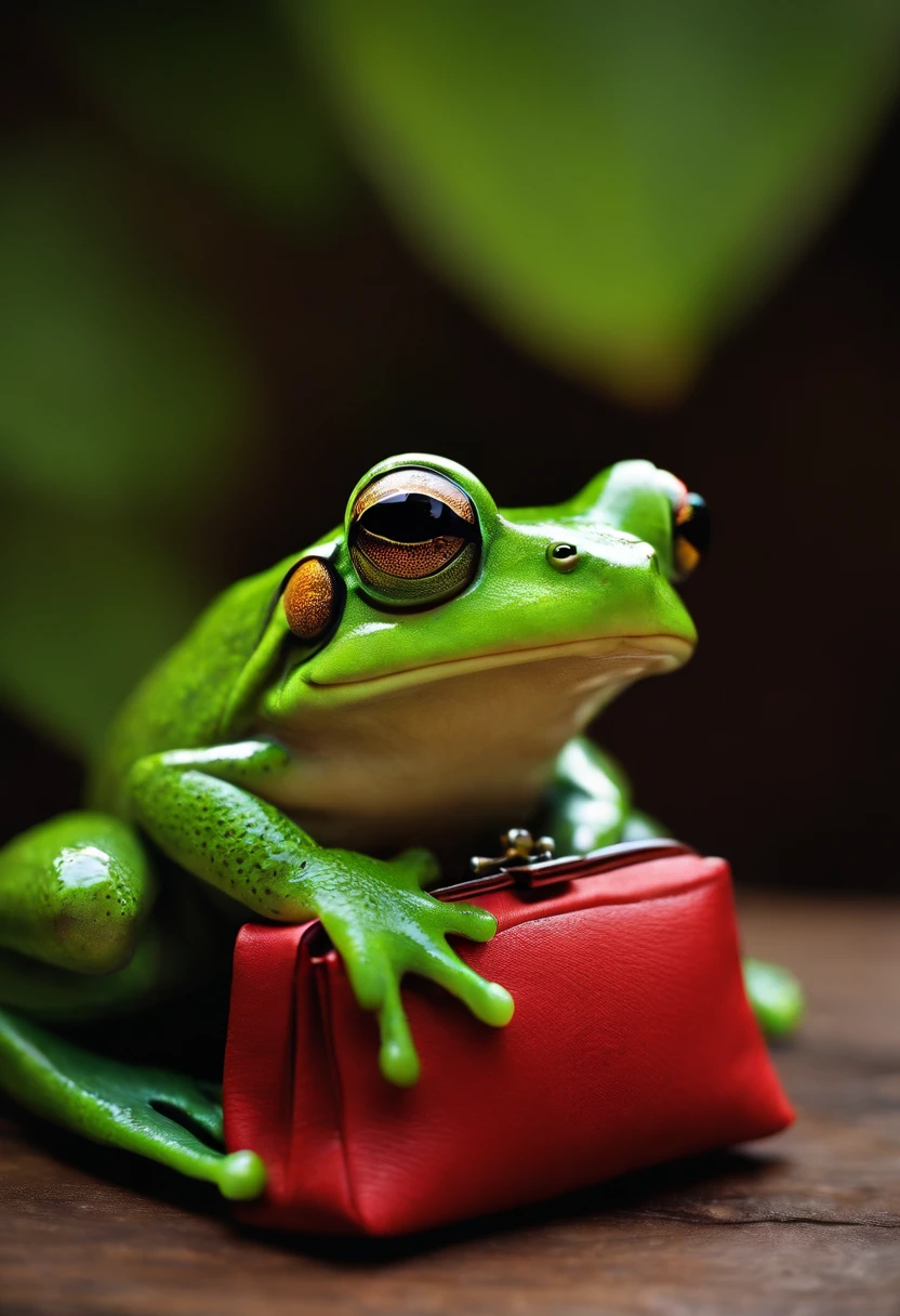 holding a bag, frog, glasses