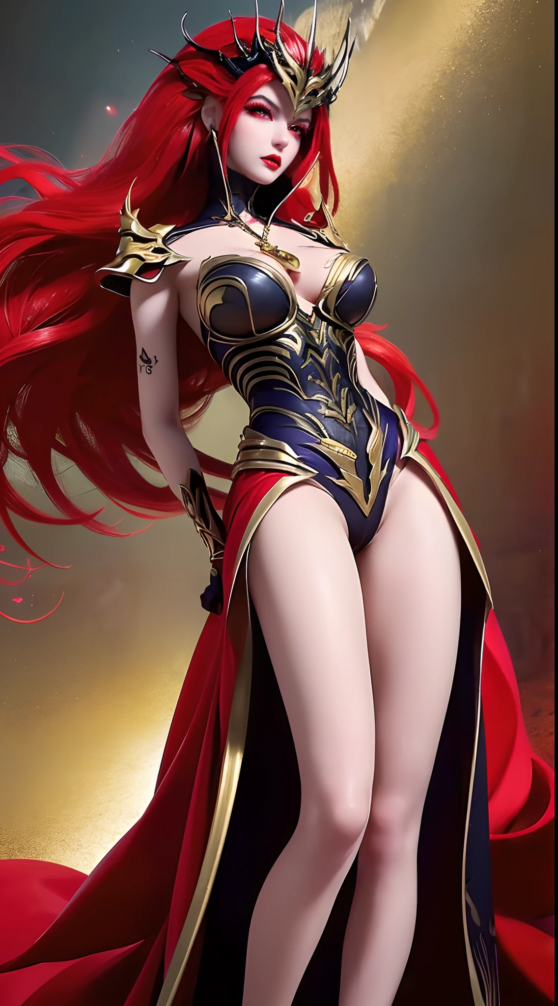 1 beautiful and sexy 20 year old girl, ((wearing traditional Hanfu armor with main colors purple and red:1)), not wearing pants, sexy hanfu style, ((long red hair:1.7)), jewelry elaborately made from precious stones and beautiful hair, ((wearing a 24k gold lace necklace:1.4)), the noble, noble style of an extremely beautiful girl, her small face is super cute, her face is very pretty, thin eyebrows, flawless beautiful face, ((black eye pupils: 0.8)), very beautiful eyes, ((light red eyes: 1)), (((big round eyes:1.6))), nice makeup and hair detailed eyelashes, steamy eye makeup, high nose, earrings, red lips, ((closed mouth: 1.5)) beautiful lips, slim hands, most beautiful thighs, ((arms spread out to the sides: 1.5)), rosy face, clean face, flawless beautiful face, smooth white skin, (big breasts: 1.5)), tight breasts, beautiful cleavage, (((big breasts and super round: 1.8))), beautiful breasts, perfect body, ((put girl's arms behind her back:1.6)), chest out, sit down on the bed, ((Open your legs:1.5)), not ashamed, 8k photo, super high quality, super realistic, super 10x pixels, optical, bright studio, bright edges, dual-tone lighting, (high-detail skin:1.2), super 8k, soft lighting, high quality, volumetric lighting, photorealistic, photorealistic high resolution, lighting, best photo, 4k, 8k quality, smooth sharp, 10x pixel, ((royal villa background:1.5)), aurora, lightning, super graphics realistic, most realistic graphics, 1 girl, alone, solo, Extremely sharp image, surreal, ((portrait:1.2))."
