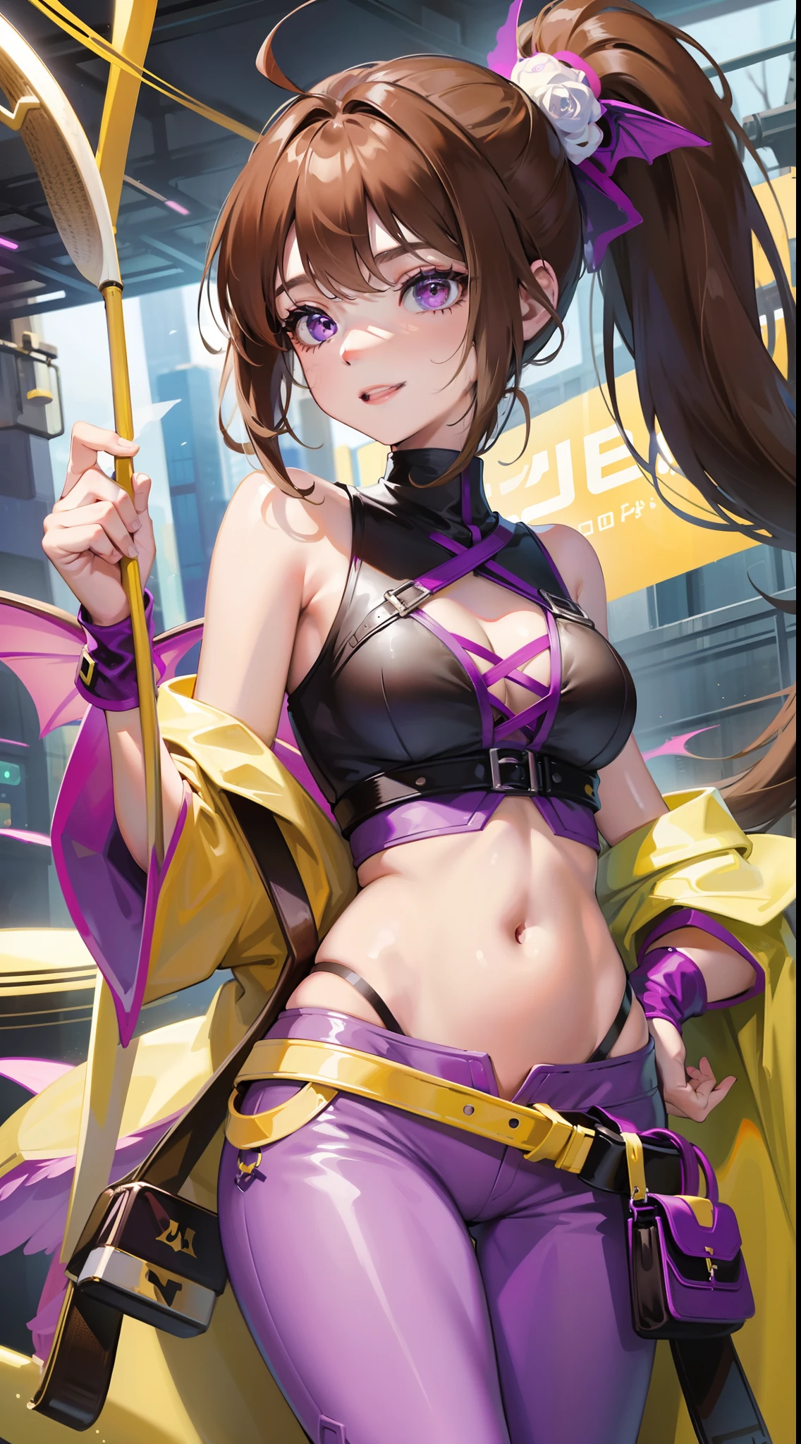 young girl, Long brown hair, high ponytail, yellow and purple eyes, white tight top, open belly, open breasts, fishing net, tight purple pants, Bat wings, Smile, Masterpiece, hiquality, 4k, HD, Good detail