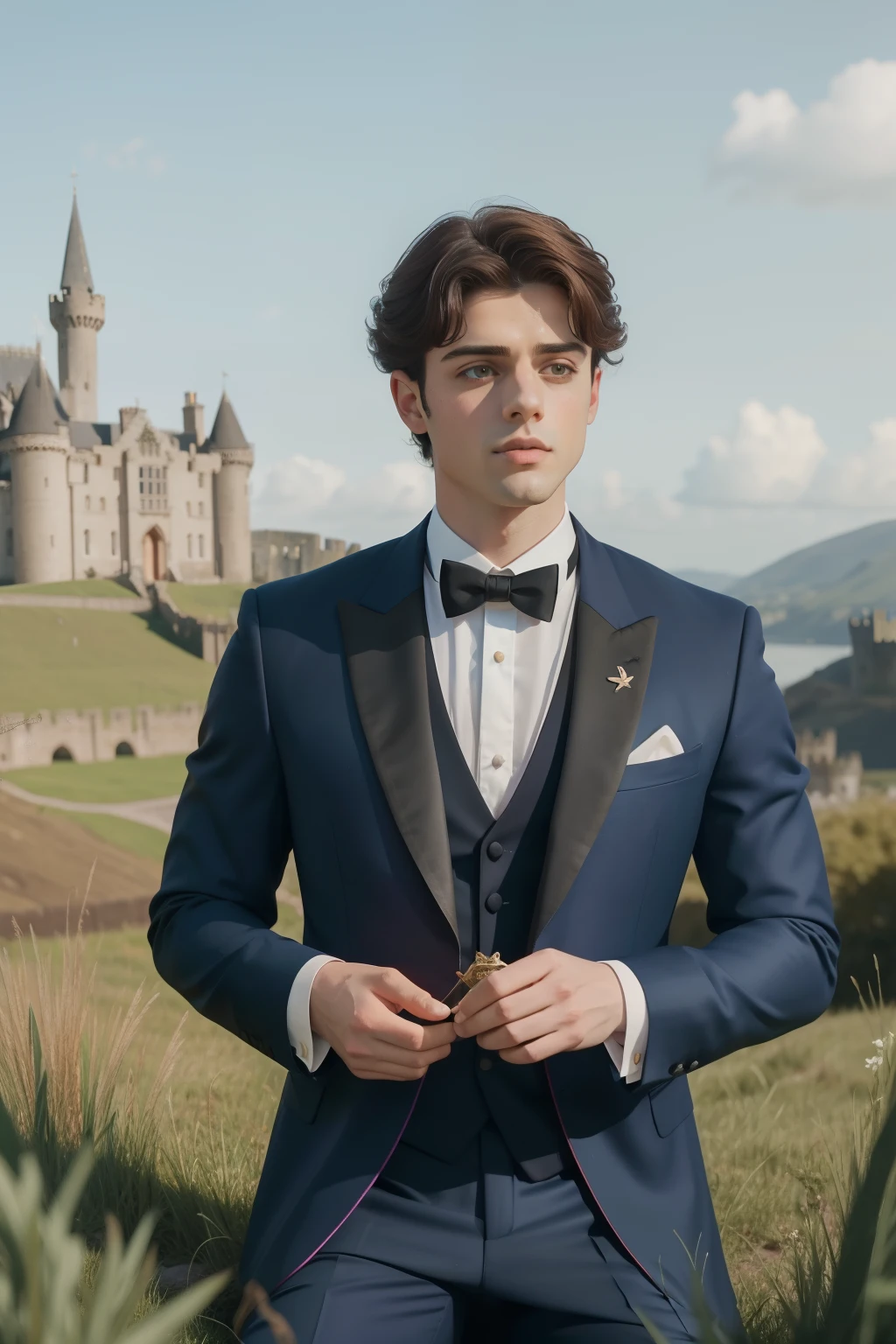 year: 2023. Location: Scotland. Pre-Raphaelite scene with a 20-year-old Matthew Daddario, wearing a tuxedo gala frac, kneeling down, digging a hole in the garden of a castle, finding a treassure box under the mark, ((((gala Clothing from the 2020s)))) ((Hairstyle of the 2020s)), pastel colors, (((cinematic style)))
