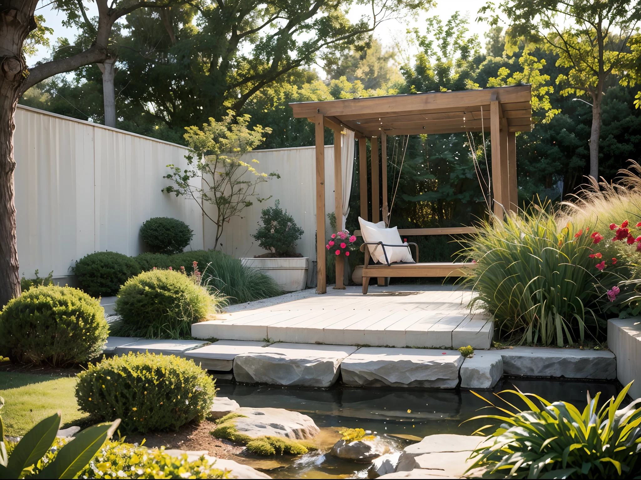 A serene garden reveals itself as you step into this secret sanctuary, transporting you to a realm of enchantment. Lush green grass carpets the ground, while exquisite flower beds emanate a rich, intoxicating fragrance. A small pathway leads deeper into the garden, flanked by a vibrant array of exotic blooms, where colorful butterflies flutter and dance. At the heart of the garden, a reflective pool mirrors the starry night sky, its surface rippling like poetry with every gentle breeze. Situated in the midst of the courtyard, one can savor the soothing symphony of distant flowing water and melodious bird songs, feeling completely engulfed by the embrace of nature. The presence of a swing and a hammock entice you to indulge in moments of joyful relaxation, further enhancing the tranquility and harmony of this idyllic haven.
(best quality, 4k, 8k, highres, masterpiece:1.2), ultra-detailed, (realistic, photorealistic, photo-realistic:1.37), HDR, UHD, studio lighting, ultra-fine painting, sharp focus, physically-based rendering, extreme detail description, professional, vivid colors, bokeh
Inspired by (impressionism, watercolor, oil painting, Renaissance art, abstract expressionism, contemporary art)
Color palette: vibrant pastels, warm earth tones, romantic mauve hues
Lighting: Soft golden sunlight casting a warm glow, accentuating the natural beauty of the garden and creating subtle shadows that play upon the scenery.