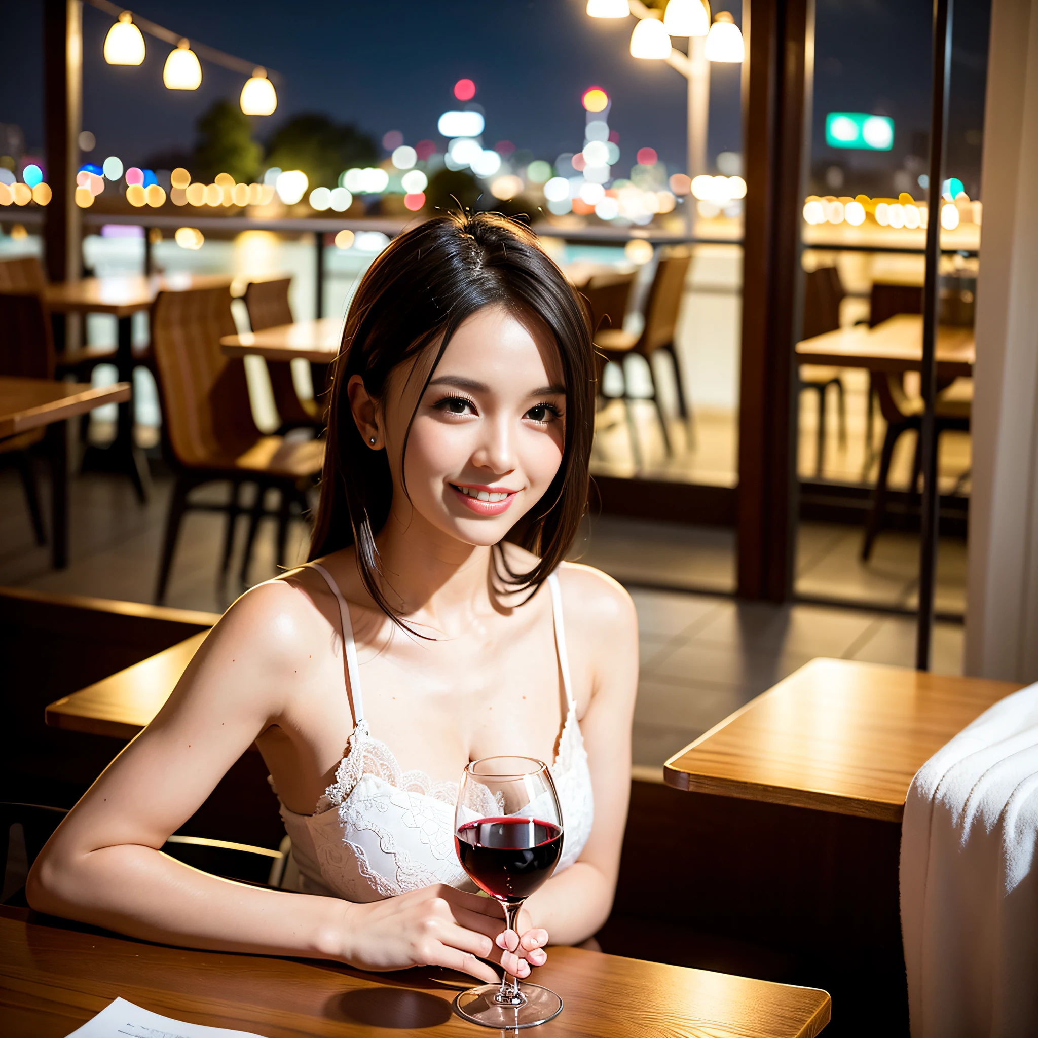 (64K, UHD, top quality, masterpiece: 1.2), (realistic, photorealistic: 1.37), super detailed, pretty woman 1 person, (slim face), (slim body), (brown hair), (short cut), cheeks slightly blushing, (44 years old), 38 years old, solo, beautiful detailed urban night view outside the window, restaurant, wine glasses sit, at night, in a prominent placeNovaFrogStyle, Actress, Model, Waist Up, White Wine, Slim, Wine Glass, Super Clean Night View, Wine Glass Put in the Middle, Happy Smile, (Smile: 1.15), Beautiful Fine Eyes, Upper Body, Bust Japan Up, Night, Short, Short, Actress, Model, Waist Up, White Wine, Slim, Wine Glass, Super Clean Night View, Wine Glass Put in the Middle, Happy Smile,