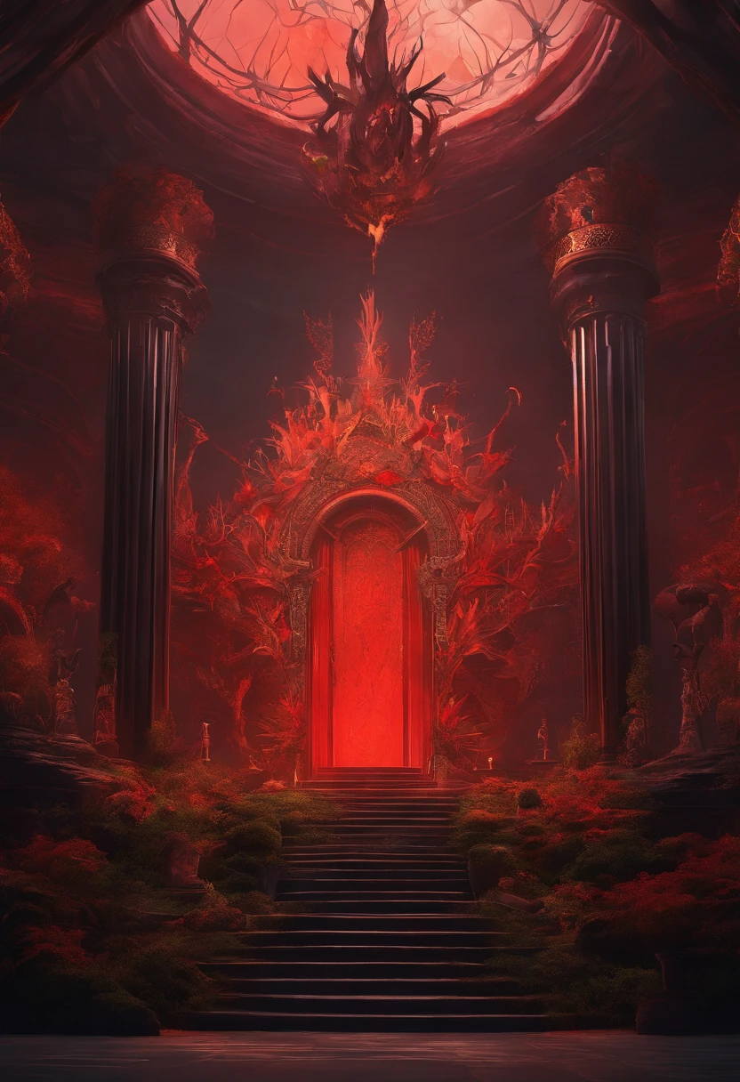 royal hall, A throne, Thorn plants, Dark light, Empty room, Gloomy composition, Black and Red Throne, Thorny plants around the throne, Close-up of the throne.Humanity sits on the throne,The robot surrenders under the throne