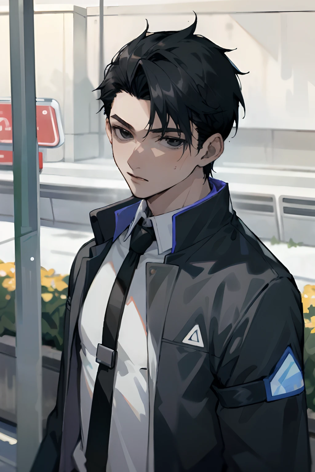 (masterpiece, best quality)
solo, short hair, black hair, 1boy, jacket, upper body, male focus, outdoors, black eyes, ConnorDBH