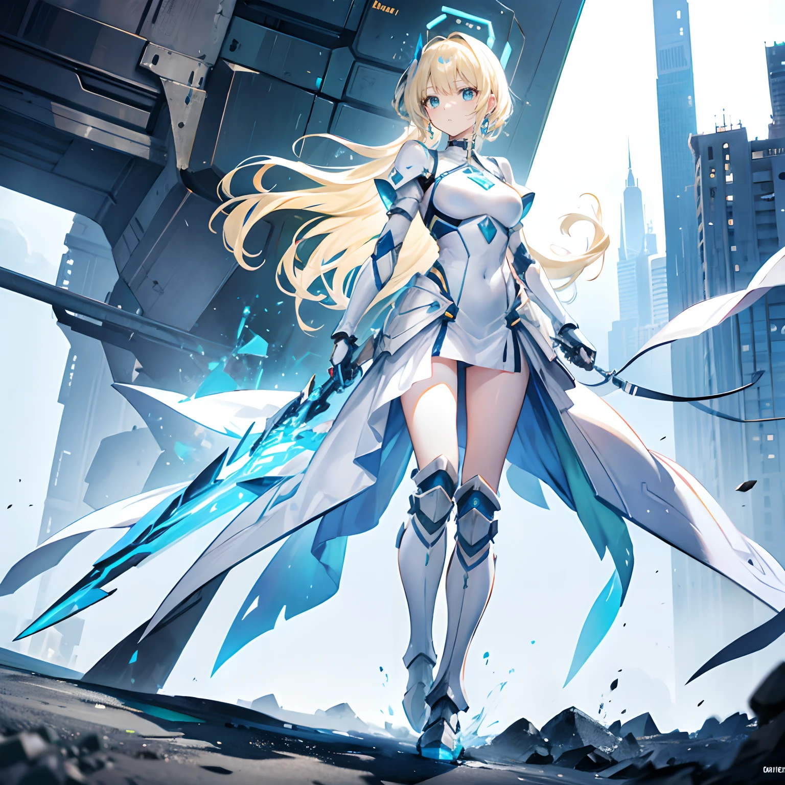 Blonde hair，Green eyes，long whitr hair，Princess cut hairstyle，A ball head，adolable，teens girl，White gorgeous beautiful dress，Tech armor，heavily armored，Science fiction elements，Weapon in hand，Knee-length boots on the feet，fully body photo，All body，Fingers and arms are not exposed，Background city，with blue sky and white clouds，serious-expression