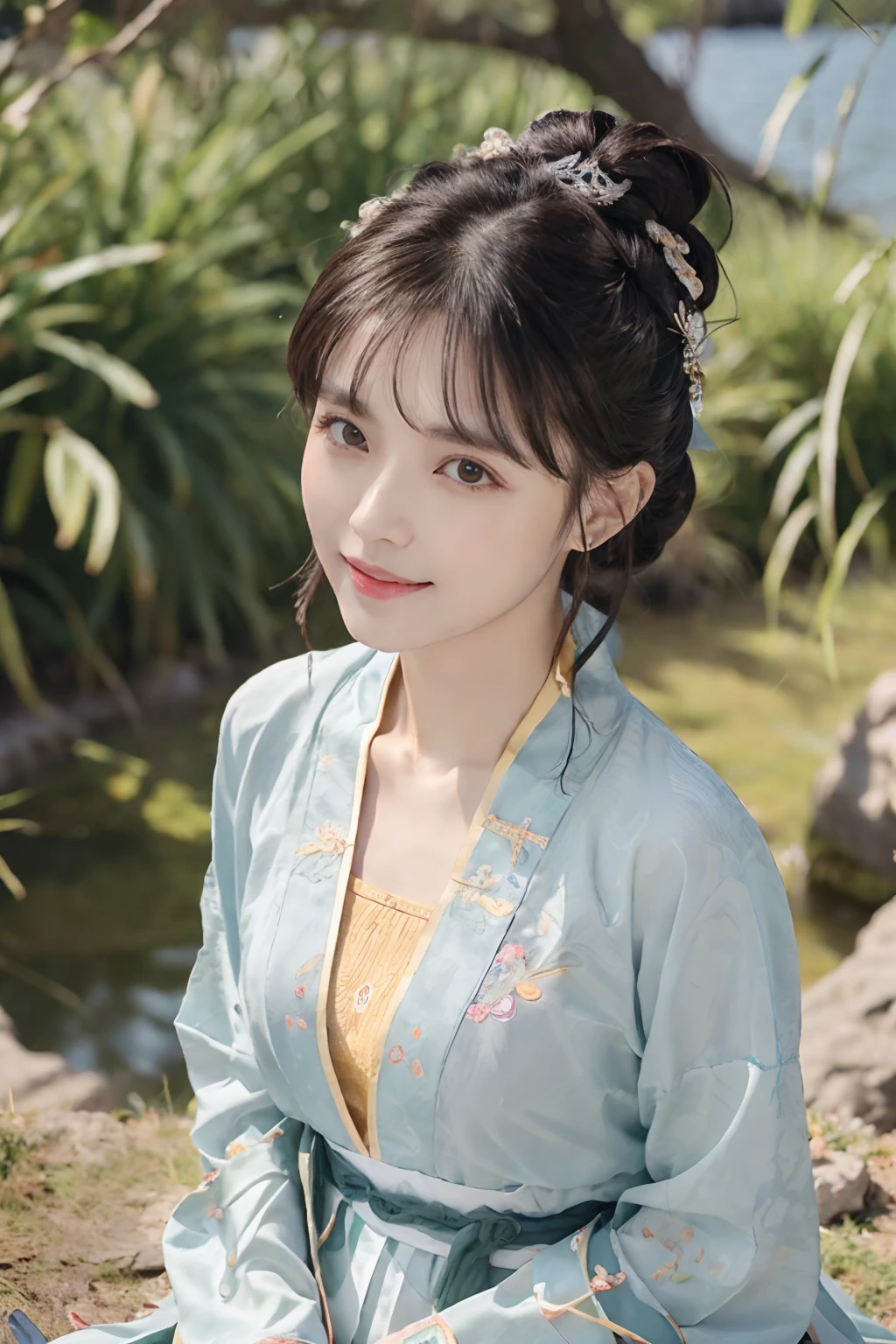 Best quality at best,tmasterpiece,超高分辨率,(photo-realistic:1.4),8K raw photos, A high resolution,Ancient Chinese Hanfu, Song uniform Han uniform, Beautiful pattern, Colorful embroidery, beautiful eyes in detail, long eyelasher, RAW photogr, face to the viewer, The upper part of the body, Close-up Shot Shot, ((( Landscape background))),(1girll), 独奏, ((The upper part of the body)), Beautiful hairstyle, hair adornments, Beads, jewelry, No action, Front lighting, ssmile, (looks into camera)