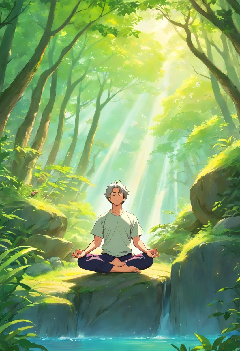 Create an image of a man doing yoga in a peaceful natural environment, Emphasizes the physical and mental strength gained through connection with nature.