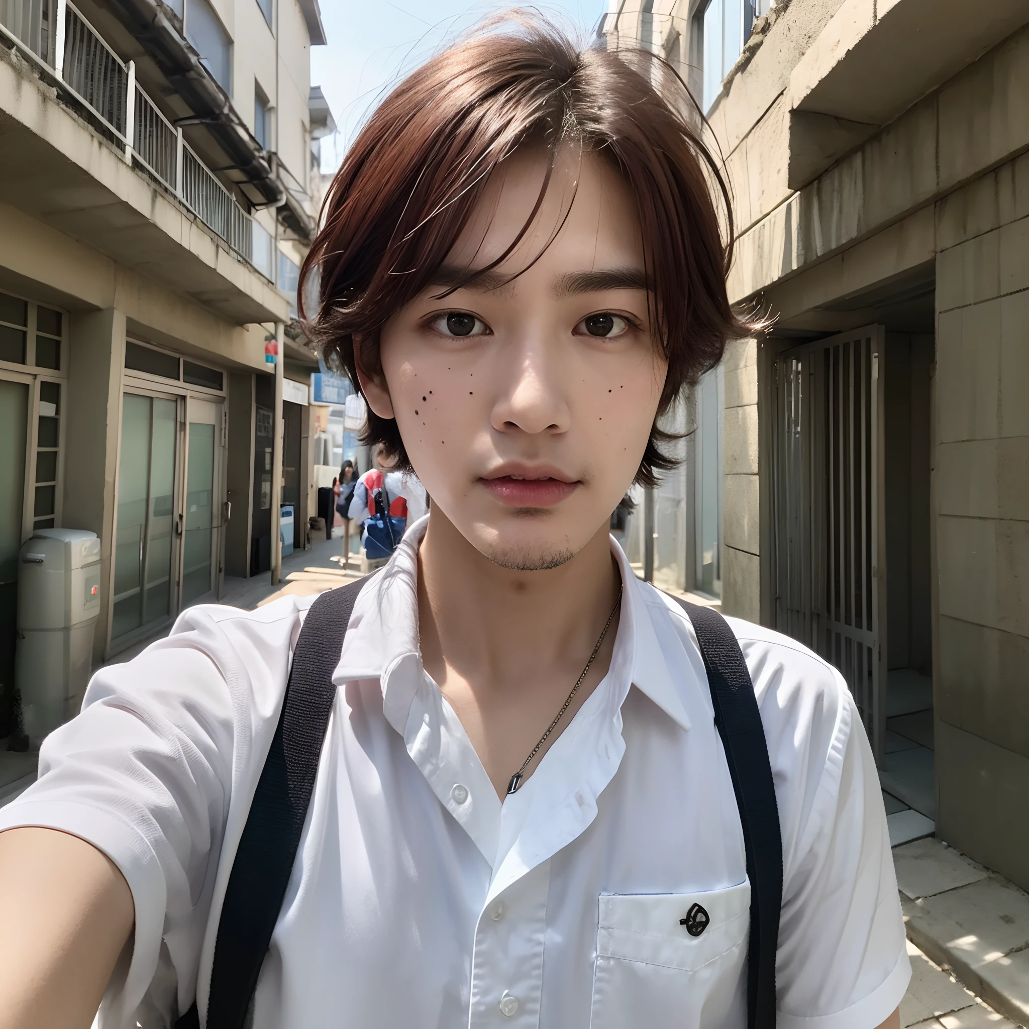 A boy takes a selfie with his mobile phone，Looks similar to Takeshi Kaneshiro，photorealestic，in school uniform，The background is blurred out，Real Human，There are moles at the corners of the mouth，red tinted hair，二重まぶた，tall nose bridge --auto --s2