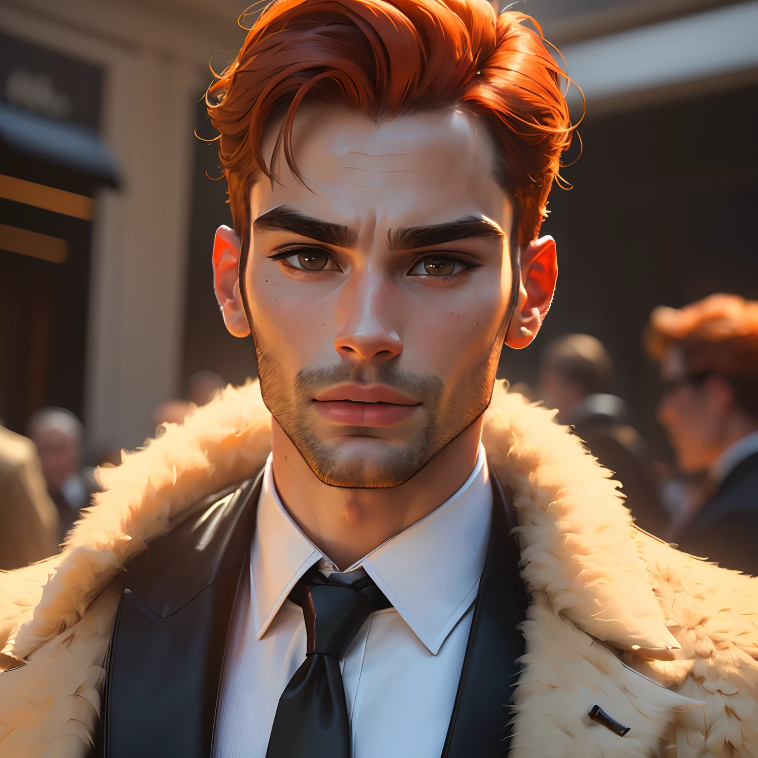 (best quality,4k,8k,highres,masterpiece:1.2),ultra-detailed,(realistic,photorealistic,photo-realistic:1.37),Jon Kortajarena,orange hair,designer suit,exclusive jewelry,portrait HD