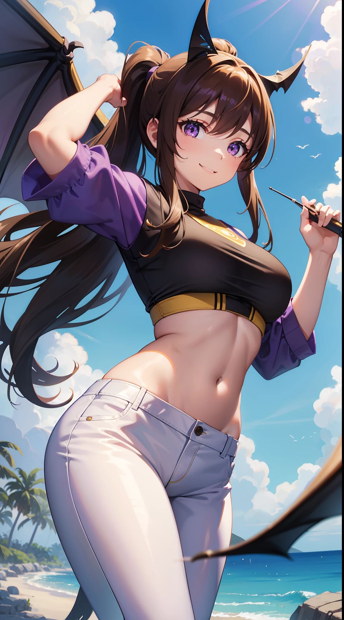 masterpiece, Highest quality, High resolution, Highest quality, Absurd, kataras3, Dark Skin, One Girl, young teen, Black gym bloomers, High Leg、School Shirt、whole body、(Black gym bloomers)+(White collared blouse)、Place your hands behind your back、Cowboy Shot、alone、umbilical cord、Bare Belly, Thigh height 　Traditional Media, (Painting \(Moderate\)), bracelet, Long Hair, Brown Hair, Crop top, abdomen, belly button, Sharp and expressive eyes, Perfect Face, Wide Hips, thick line art, Atmospheric lighting, Smooth, Beautifully detailed riverbank background, Structure of the film, Joe Madureira,  Spread your legs,  