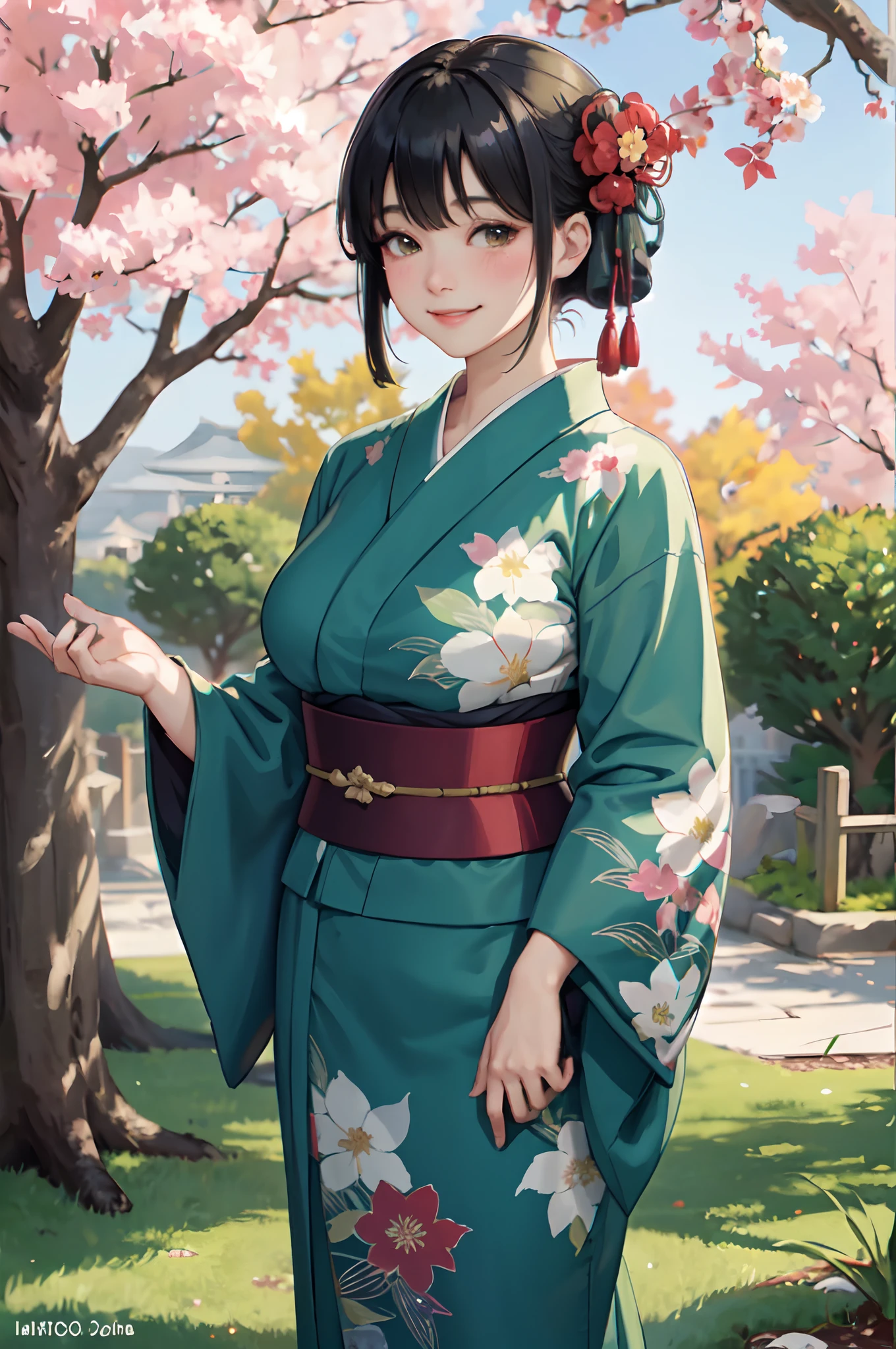 1lady standing, /(deep green yukata floral/), mature female, /(black hair/) bangs, blush kind smile, (masterpiece best quality:1.2) delicate illustration ultra-detailed, large breasts BREAK /(garden of Kyoto/) trees autumn foliage, detailed background
