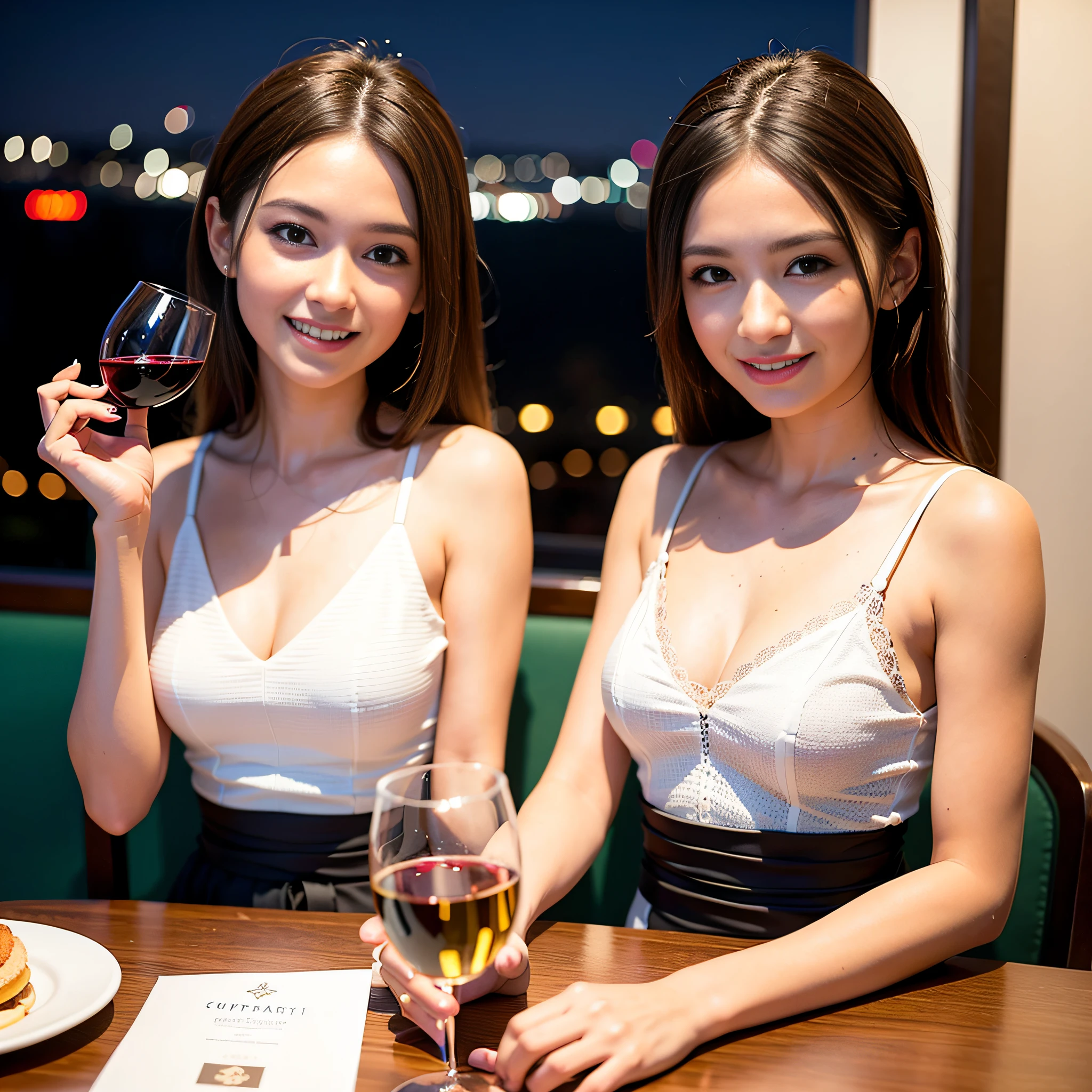(64K, UHD, top quality, masterpiece: 1.2), (realistic, photorealistic: 1.37), super detailed, pretty woman 1 person, (slim face), (slim body), (brown hair), (short cut), cheeks slightly blushing, (44 years old), 38 years old, solo, beautiful detailed urban night view outside the window, restaurant, wine glasses sit, at night, in a prominent placeNovaFrogStyle, Actress, Model, Waist Up, White Wine, Slim, Wine Glass, Super Clean Night View, Wine Glass Put in the Middle, Happy Smile, (Smile: 1.15), Beautiful Fine Eyes, Upper Body, Bust Japan Up, Night, Short, Short, Actress, Model, Waist Up, White Wine, Slim, Wine Glass, Super Clean Night View, Wine Glass Put in the Middle, Happy Smile,