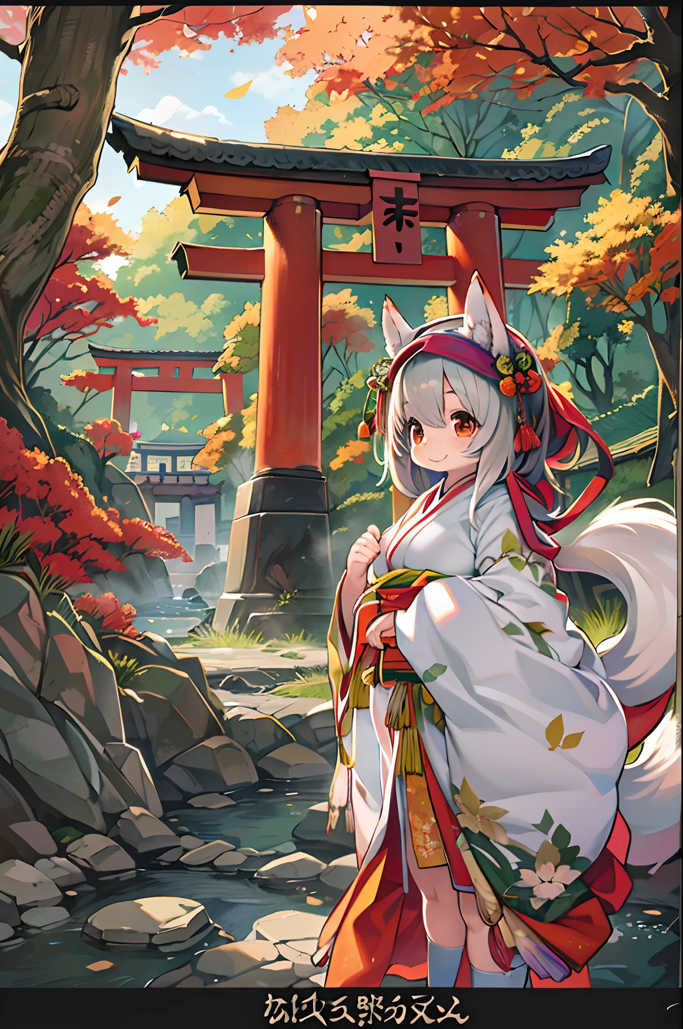 Fox Woman、body covered with fur、huge-breasted、kawaii、shrine maiden、Japan white clothes,Red Hakama、torii gate,((High Position))、A big smile、bbw、thick thight、big butts、Ultramammy,Chibi,Nanachi, autumn day,kaede、 Pines, Anime Background Art, japanese art style, beautiful anime scene, detailed scenery - width 672, Background art, Anime landscapes, Anime Background, Beautiful anime scenery, Beautiful peace scenes in anime, landscape artwork, Japan Village, Anime landscape concept art, 8K))、a lot of fallen leaves、Bamboo Bowl、falls、Waterfall Basin、a river