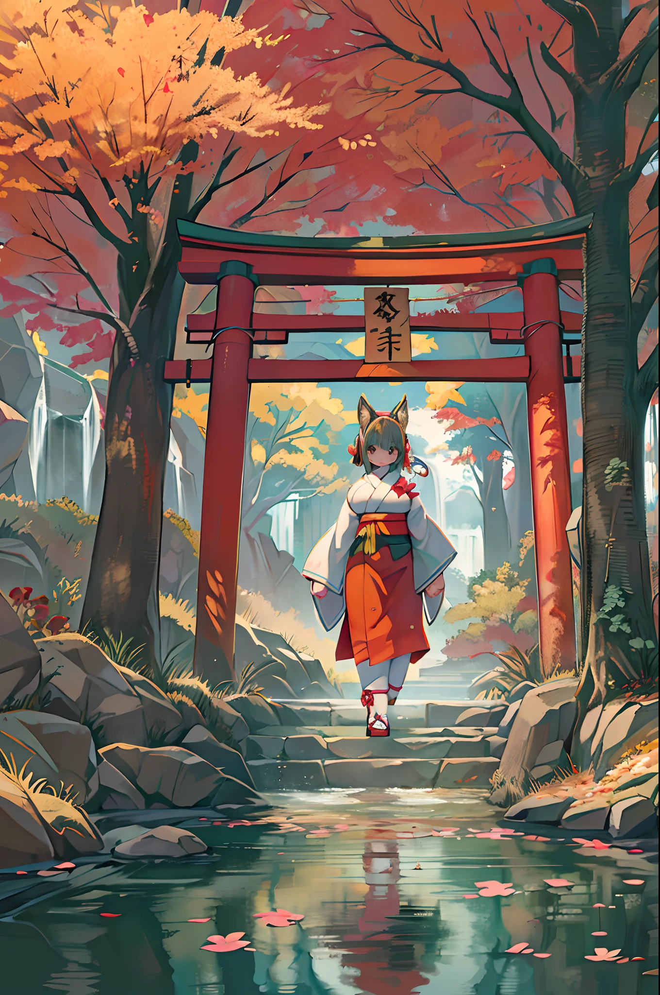Fox Woman、body covered with fur、huge-breasted、kawaii、shrine maiden、Japan white clothes,Red Hakama、torii gate,((High Position))、A big smile、bbw、thick thight、big butts、Ultramammy,Chibi,Nanachi, autumn day,kaede、 Pines, Anime Background Art, japanese art style, beautiful anime scene, detailed scenery - width 672, Background art, Anime landscapes, Anime Background, Beautiful anime scenery, Beautiful peace scenes in anime, landscape artwork, Japan Village, Anime landscape concept art, 8K))、a lot of fallen leaves、Bamboo Bowl、falls、Waterfall Basin、a river