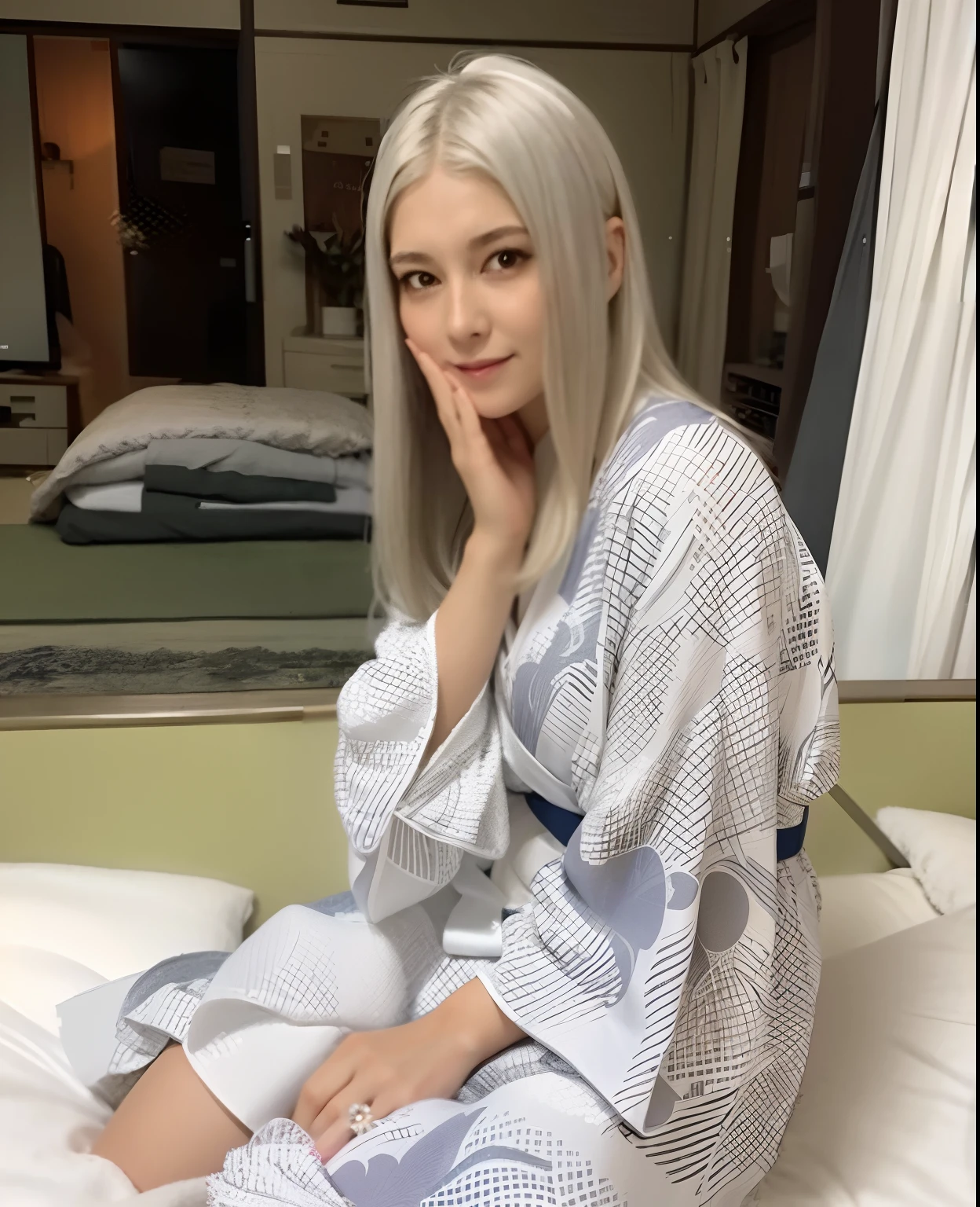 Woman in Alafe sitting on bed in robes and smiling, Her hair is white, her hair is silver, perfect gray hair girl, pale and coloured kimono, robe. Perfect face, wearing a simple robe, in a kimono, in a kimono, In silver silk robes, robe. face perfect, wearing silver silk robe, white beautiful hair