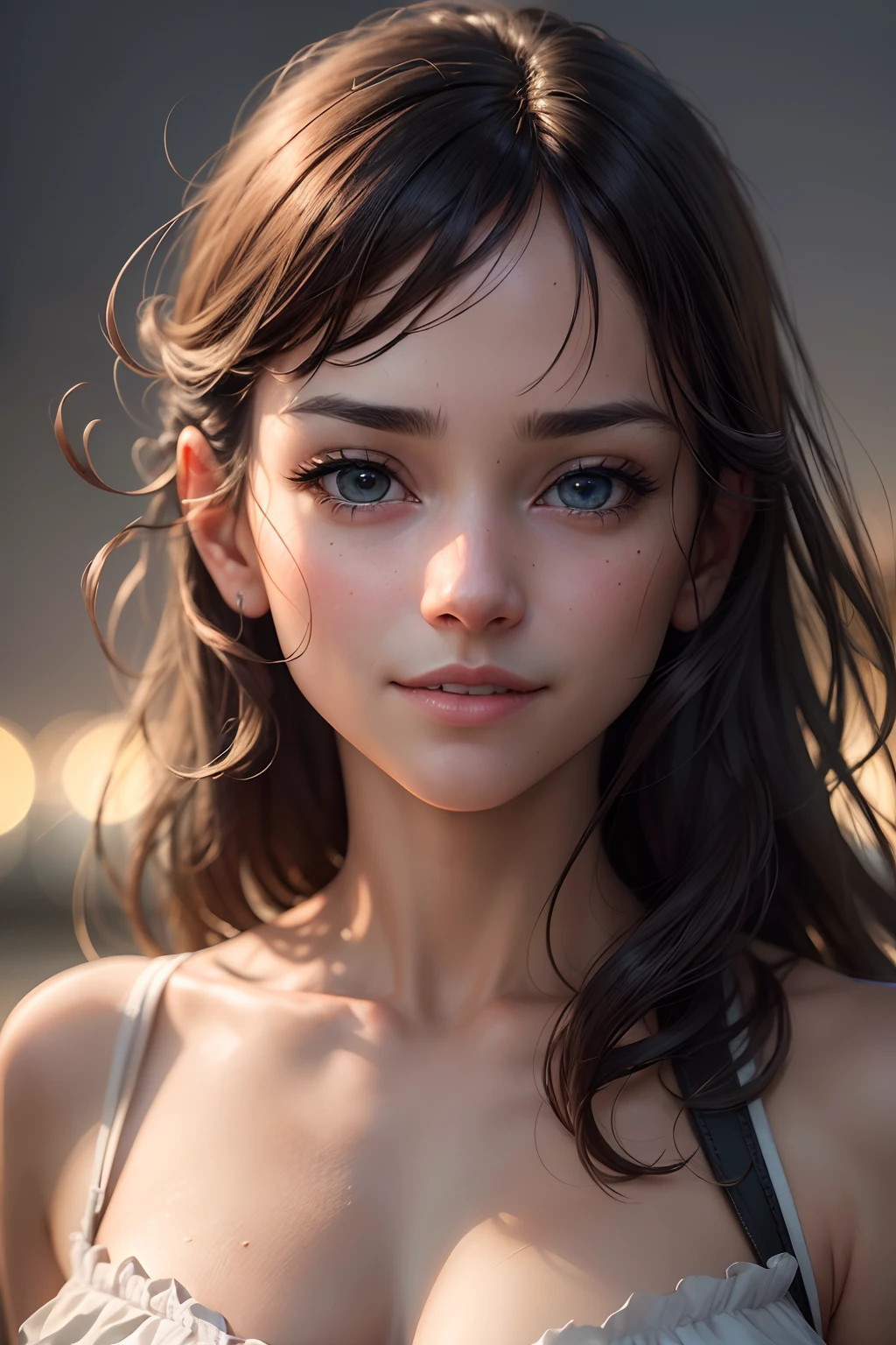 (realistic, photo-realistic:1.37),(8k, RAW photo, best quality, masterpiece:1.2), cute, ultra-detailed,heart-shaped pupils,physically-based rendering, ultra high res, kodakvision color, shot on Arricam LT Camera, bokeh, sharp focus,
looking at viewer,photorealistic,realistic, solo, photorealistic, best quality,extremely detailed face,extremely detailed eyes and face, beautiful detailed eyes,absurdres, incredibly absurdres,haunting smile,Messy hair, floating hair, , --auto