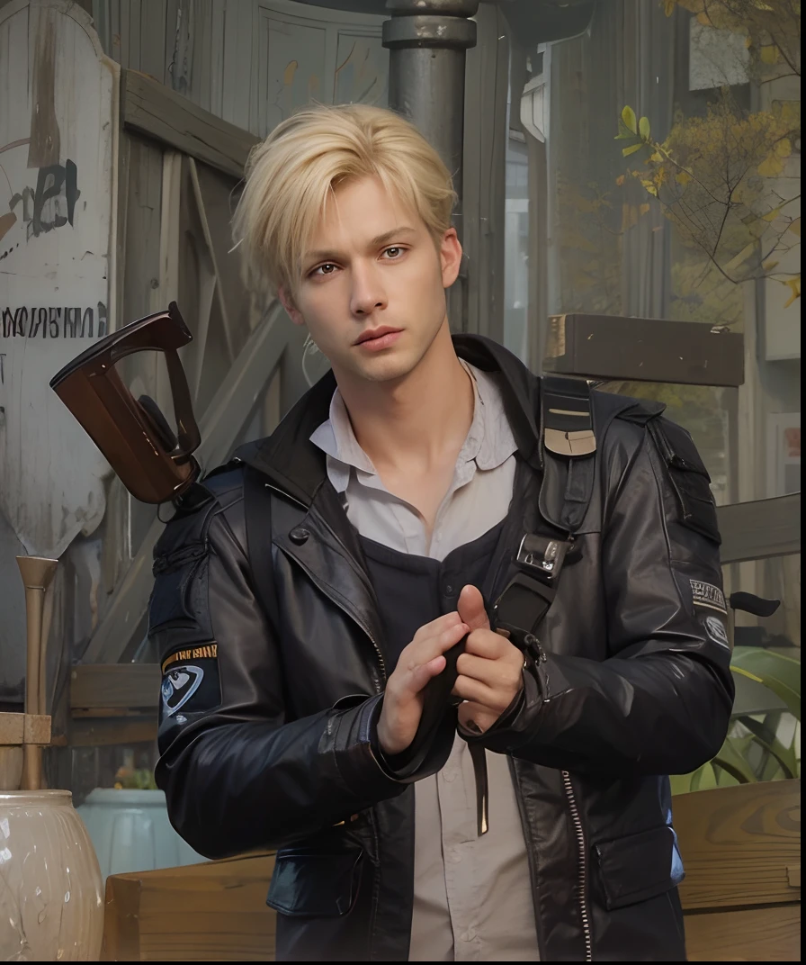 Western white man, blonde short hair, blue eyes, wearing tactical jacket