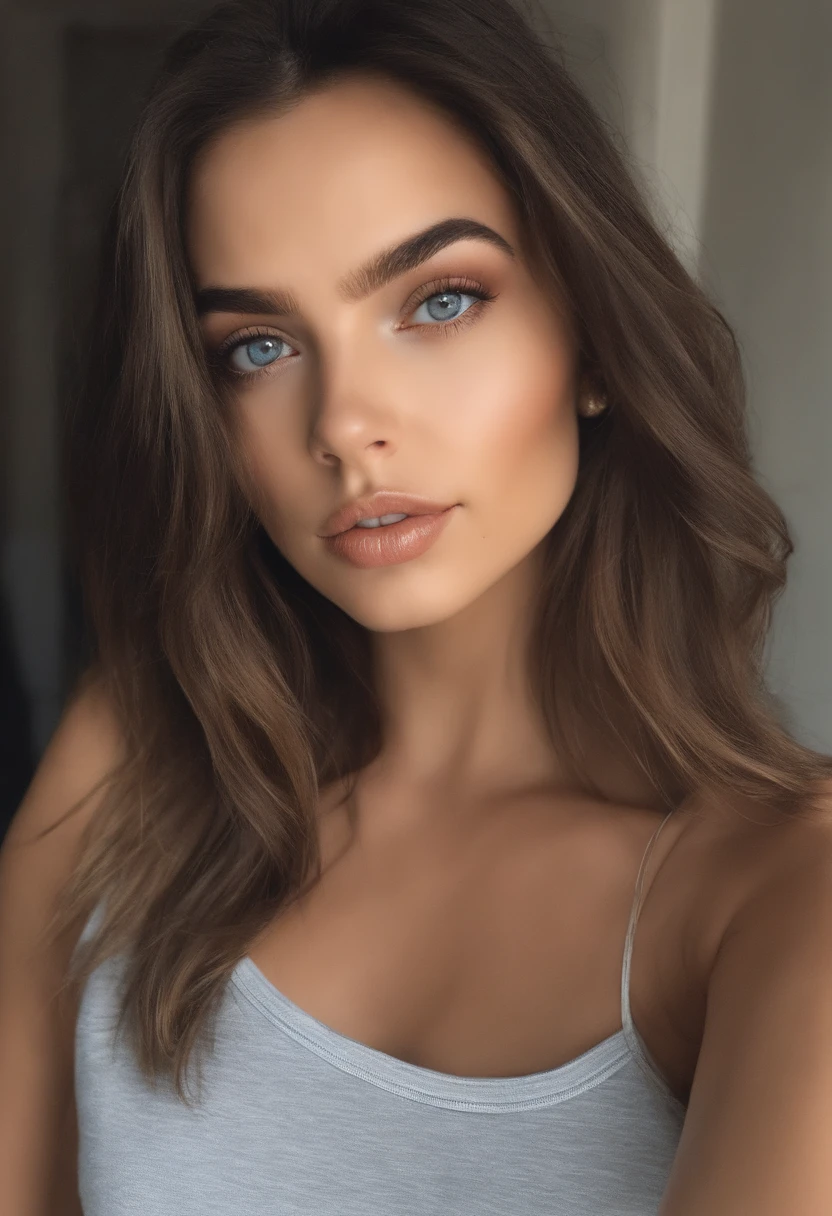 Mujer con camiseta sin mangas y bragas a juego, Chica sexy con ojos azules, Retrato Sophie Mudd, Retrato de Corinna Kopf, cabello rubio y ojos grandes, Selfie de una mujer joven, Ojos en el dormitorio, Violeta Myers, ohne Maquillaje, Maquillaje natural, staring directly into camera, Cara con Artgram, dezentes Maquillaje, Impresionante foto de cuerpo completo, en el dormitorio, Fission
