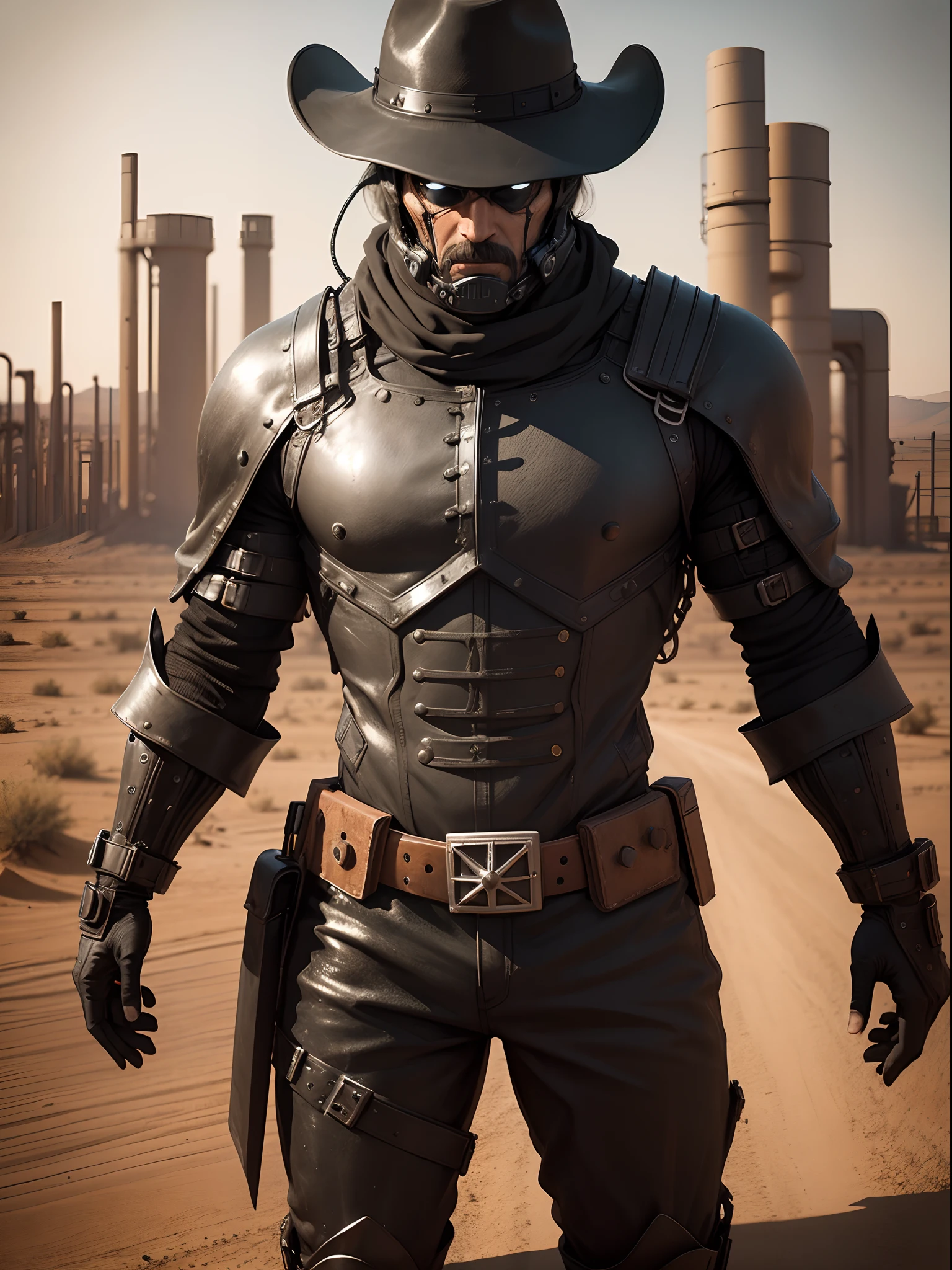 Man made of black tar, desert oil fields, menacing look, danger atmosphere, solo, masterpiece, best quality, full body shot, cowboy shot, science fiction, looking at viewer