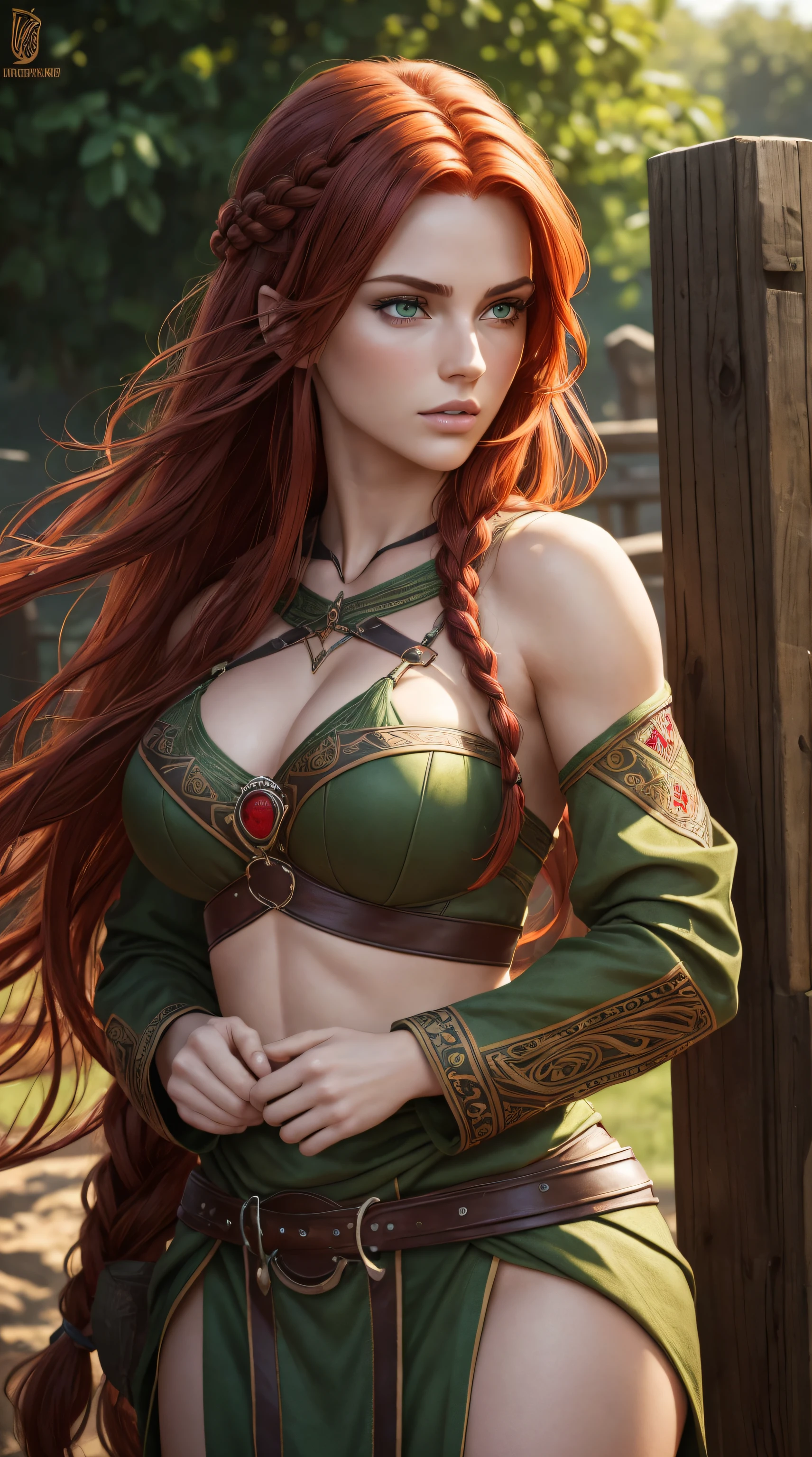 (front view) highly detailed photo of woman, detailed fence background, (with red hair), (green eyes) (symmetrical handsome face) nice and well defined nose (well defined and angular jaw), proportional and full lips, stunningly realistic photography , realistic, soft colors, octane rendering, intricately detailed, sharp sharpness, stunning full color, photo taken with a DSLR, 32k resolution, best quality, (focus on skin texture), large breasts, hair in a long viking braid