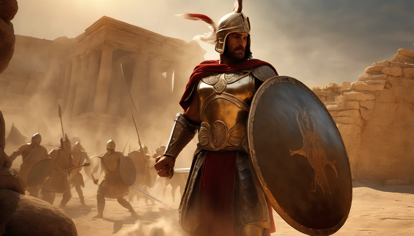THE CITY OF TROY ABLAZE. GREEK WARRIORS ENTER THE CITY. TROJANS OF ALL AGES, SEXES AND DESCRIPTION TRY TO LEAVE. FIREY BACKGROUND FIGURES IN SILHOUETTE