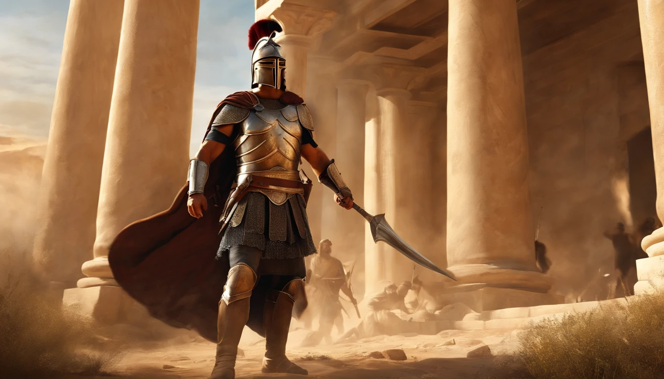 (Best Quality,Ultra-detailed),(Realistic,Photorealistic:1.37),Warriors of ancient Greece,armor,A look of pride and determination,Bronze shield,Sharp spear,Helmet crest,Sun-drenched battlefield,Marble pillar ruins,Twisted olive tree,rippling muscles,Weapons colliding with battle cries,Heroic Pose,Sunlight reflected in the armor,Cast a shadow,War-torn landscape,Dusty battlefield,Fierce and fierce battles,Historical illustration,Traditional Greek war techniques,Rough texture,Vivid colors,Heroic feat,Classic Greek Art Style,genuine portrayal,Captivating storytelling,Magnificence and majesty,Classical sculpture,Powerful gestures,Renaissance style lighting,dynamic compositions,Heroic victory,Intricate details,Perfection of the human form