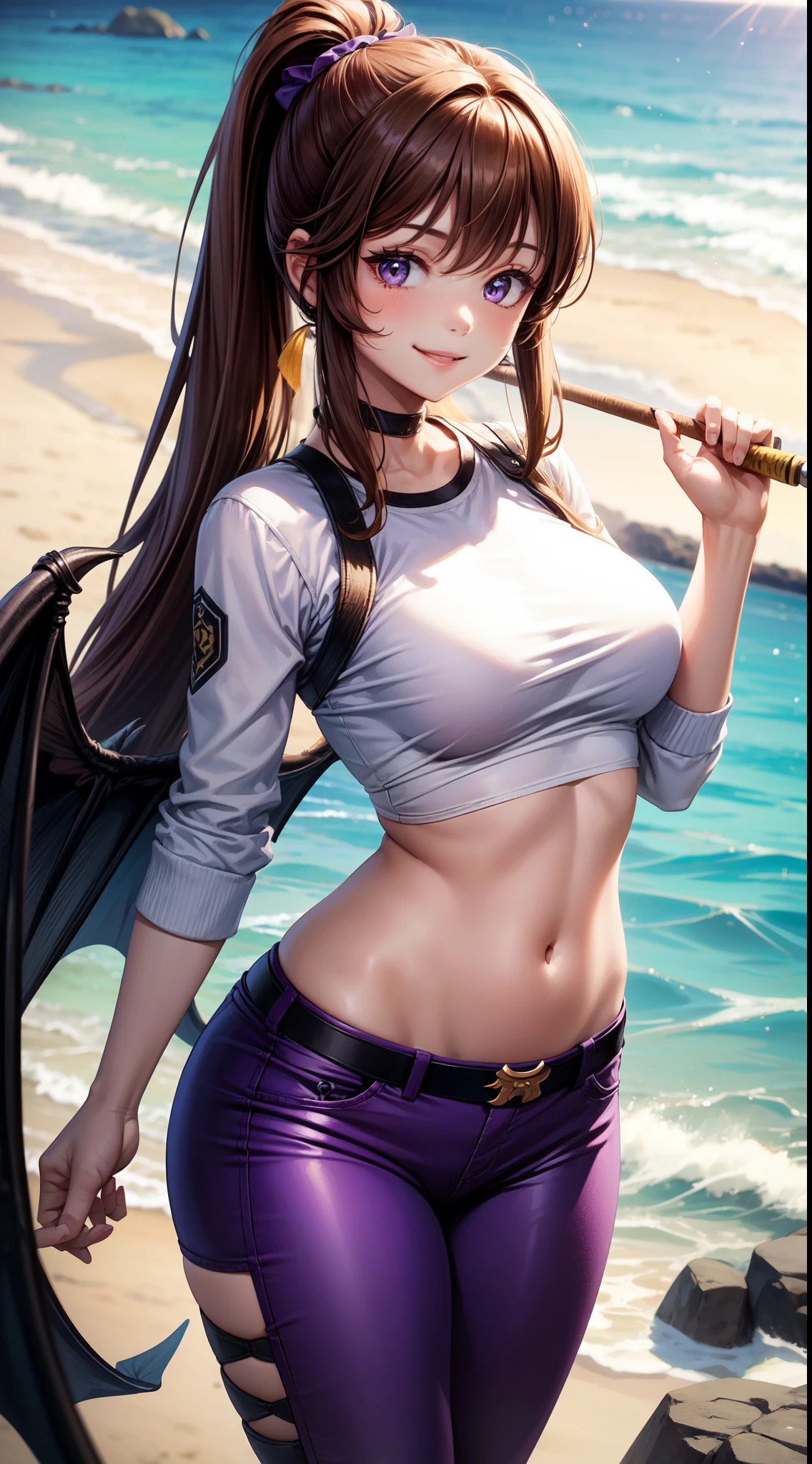 young girl, Long brown hair, high ponytail, yellow and purple eyes, white tight top, open belly, open , fishing net, tight purple pants, Bat wings, Smile, Masterpiece, hiquality, 4k, HD, Good detail