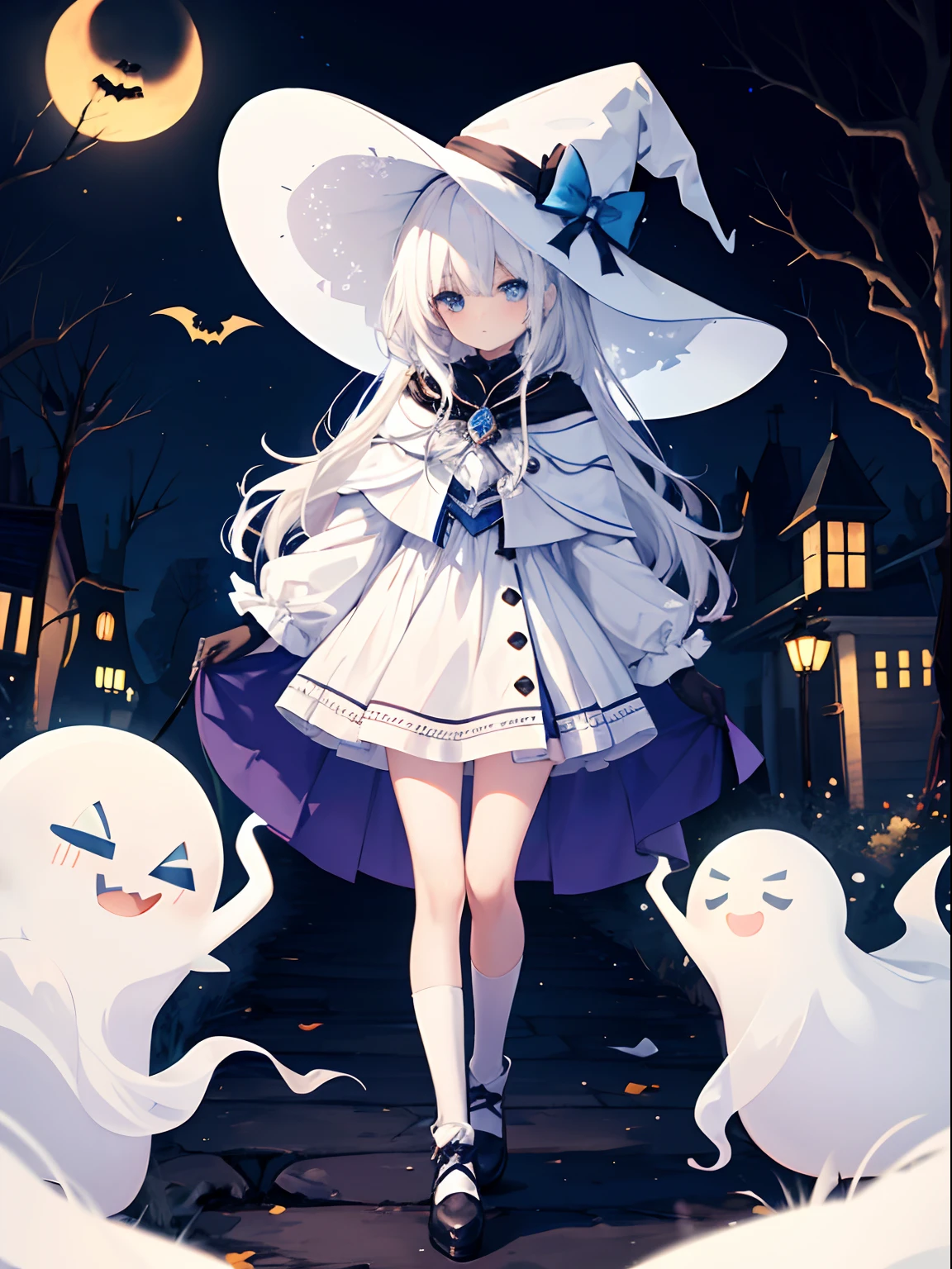 {high quality}, one white witch girl, {white hair}, {blue eyes}, white and light blue witch hat, blue short dress, black knee high socks, white cape, {Halloween}, ghost town, night, ghosts, cats, emphasize color boundaries, {paint accurate eyes}, avoid creating blank spaces,