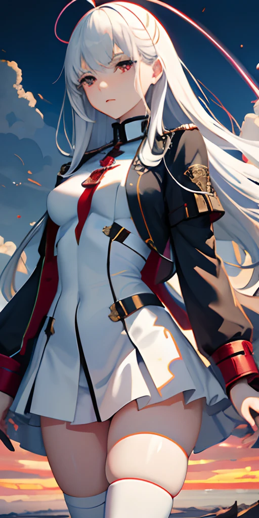 angelicales,girl with,splatters,on clouds, military outfits,White hair, Red Eyes, Magic Circle, landscape, Blood, , depth of fields, Daytime, light Particle, llight rays, side lights, thighs thighs thighs thighs, Fate (Series), GenshinImpact, ****, Open jacket, thighs thighs thighs thighs, cloud
