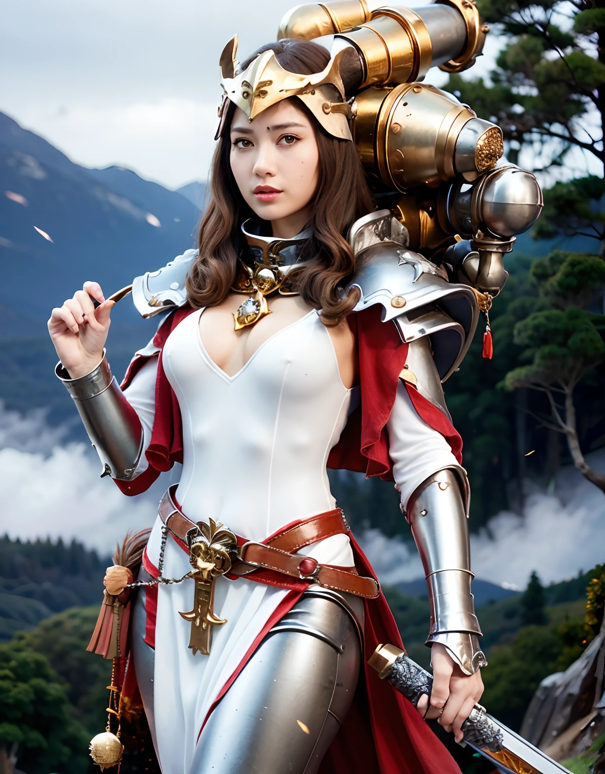Professional , masterpiece、top-quality、photos realistic , depth of fields ,top-quality、masterpiece、超A high resolution、(Photorealsitic:1.4)、Raw photo、1a person、(Wind element),close-up,dream magical,tornado,Lightning,cleavage of the breast、Castle background,(Detailed Gemstone Gold Jewel Body:1.6),(Matte White、Jewel Gold Weapon_、(Detailed silver metal body:1.4),Gorgeous Jewel Metal Weapons ,(( Detailed Sword of the Brave)) ,(Fighting Goblin Auger)、(magic circles、Magic Chanting)、 Castle background ,warhammer 40k ,Wear a gorgeous dragon helmet、Brown hair、((Gangle's forest background))、Beautiful Caucasian beauty、1a person、dynamic ungle,(((Legendary Armor Jewelry Helmet)))、Particles of light、cleavage of the breast、Battle Pose、Mystical expression、