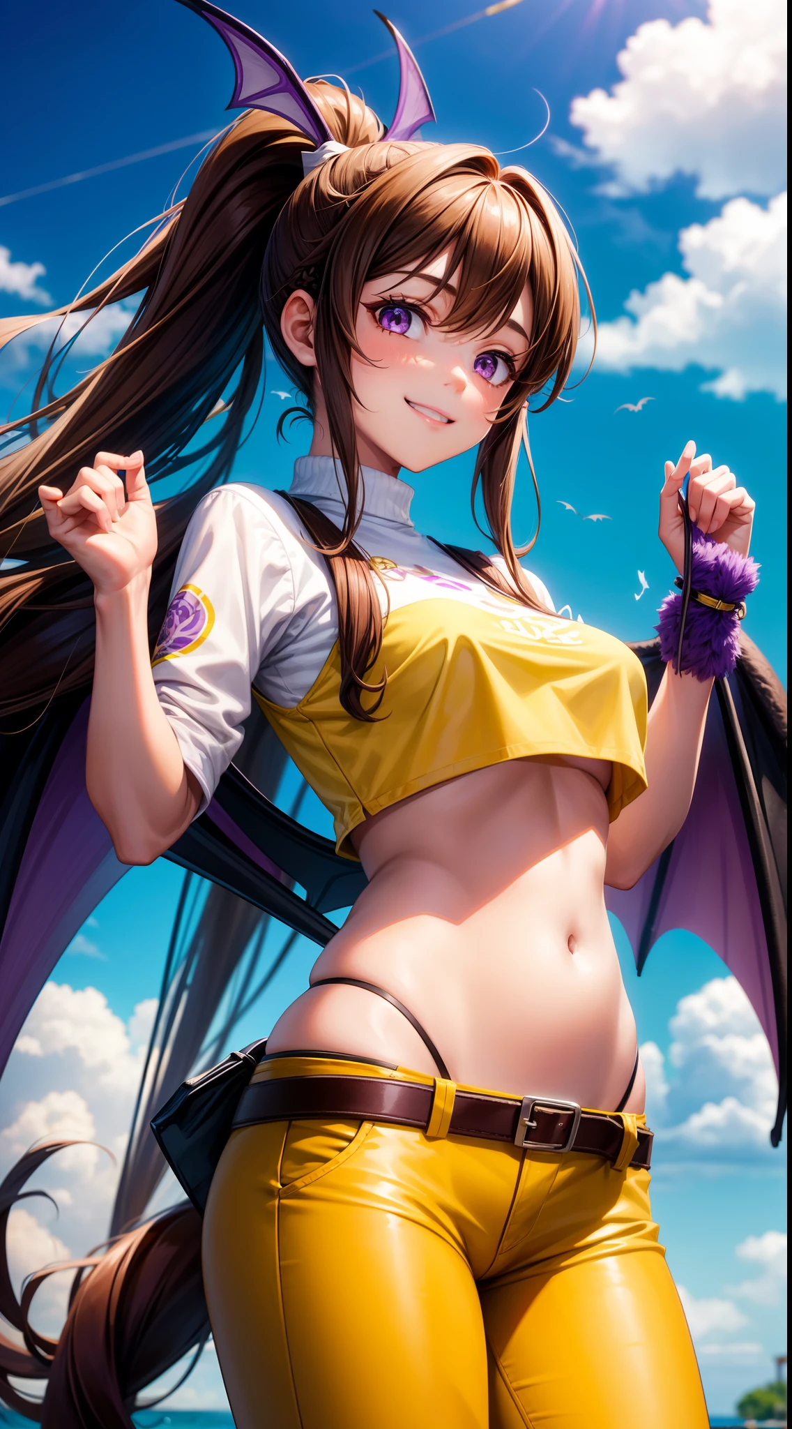 young girl, Long brown hair, high ponytail, yellow and purple eyes, white tight top, open belly, open breasts, fishing net, tight purple pants, Bat wings, Smile, Masterpiece, hiquality, 4k, HD, Good detail