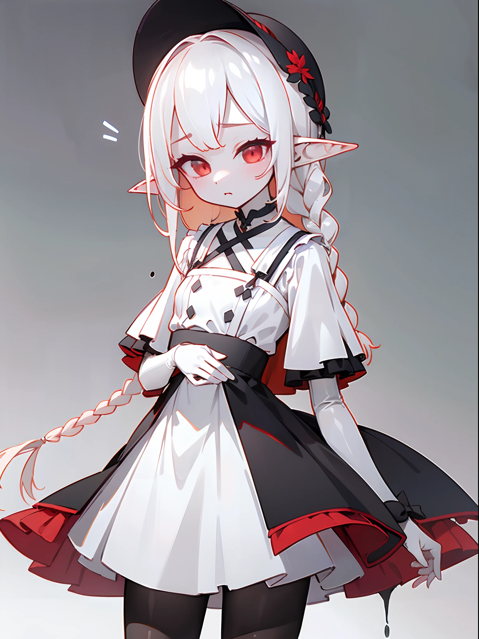 (masterpiece, sidelighting, finely detailed red eyes: 1.2), ((Best quality)), ((masterpiece)), (highly detailed:1.3), anime, 1girl, solo, li, childish body, pale white skin, simple white dress, short dress, deep black pantyhose, balet flats, white hair, braided hair, single long braid, elf ears, curious expression, innocent, simple grey background,