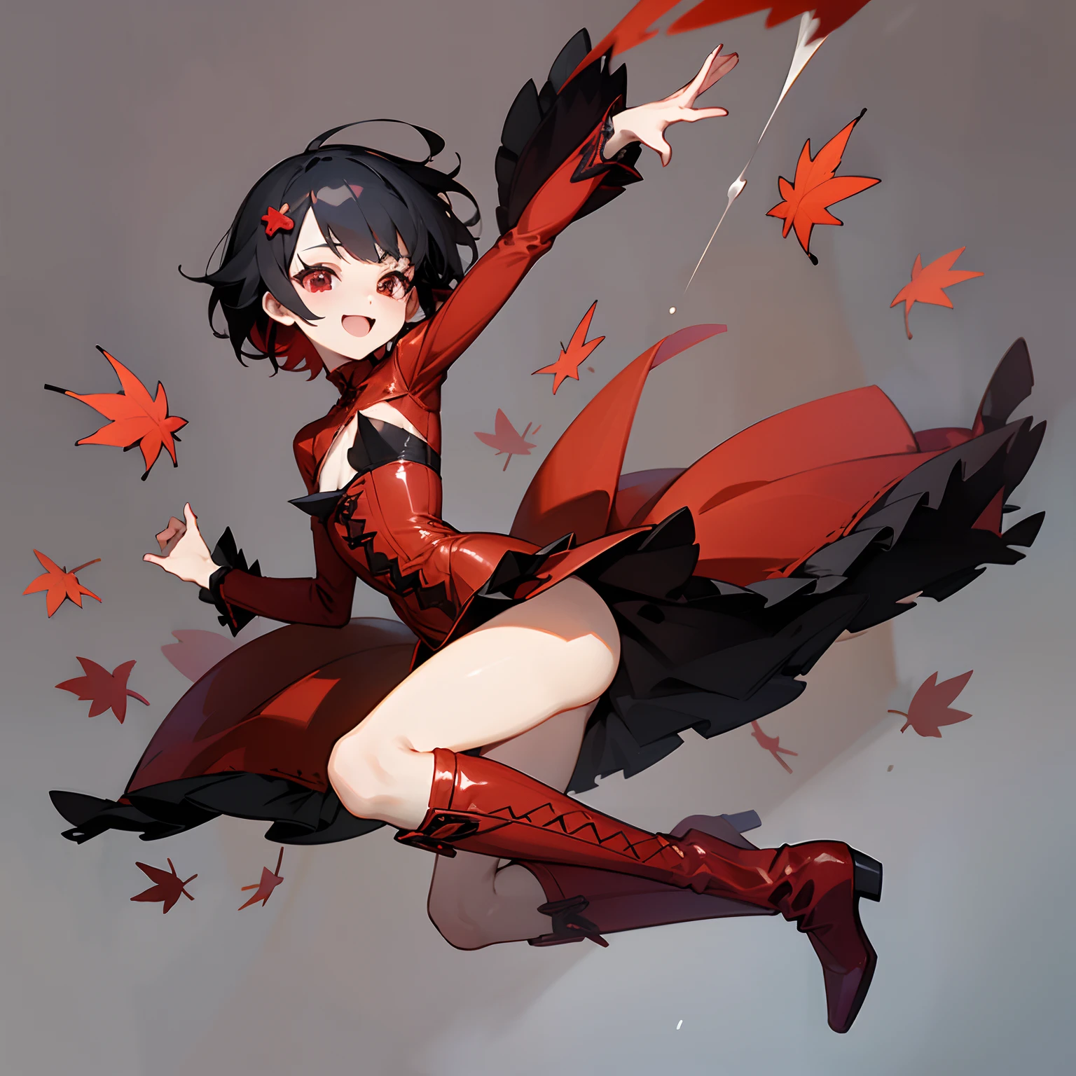 (Best Quality,4K,High resolution), A girl child,Chibi、 Red mesh hair on black hair, Very short berry shorthair,Boyish shorthair、Hair ornament of autumn leaves、sharp eye、Red Eyes、 Innocence，Smile cheerfully，small tits、slender physique、 Tight high neck red leather mini dress with intricate decoration，corsets、Red Leather Draped Mini Pants Skirt，Red knee-high boots with decoration、Comical appearance，noisy，busy、Frolic、comic ?????，animesque，Comical illustration，Deformed cute illustration，Delicately expresses realistic skin texture、Full body projection、buttle、Jumping around、Comical little animals
