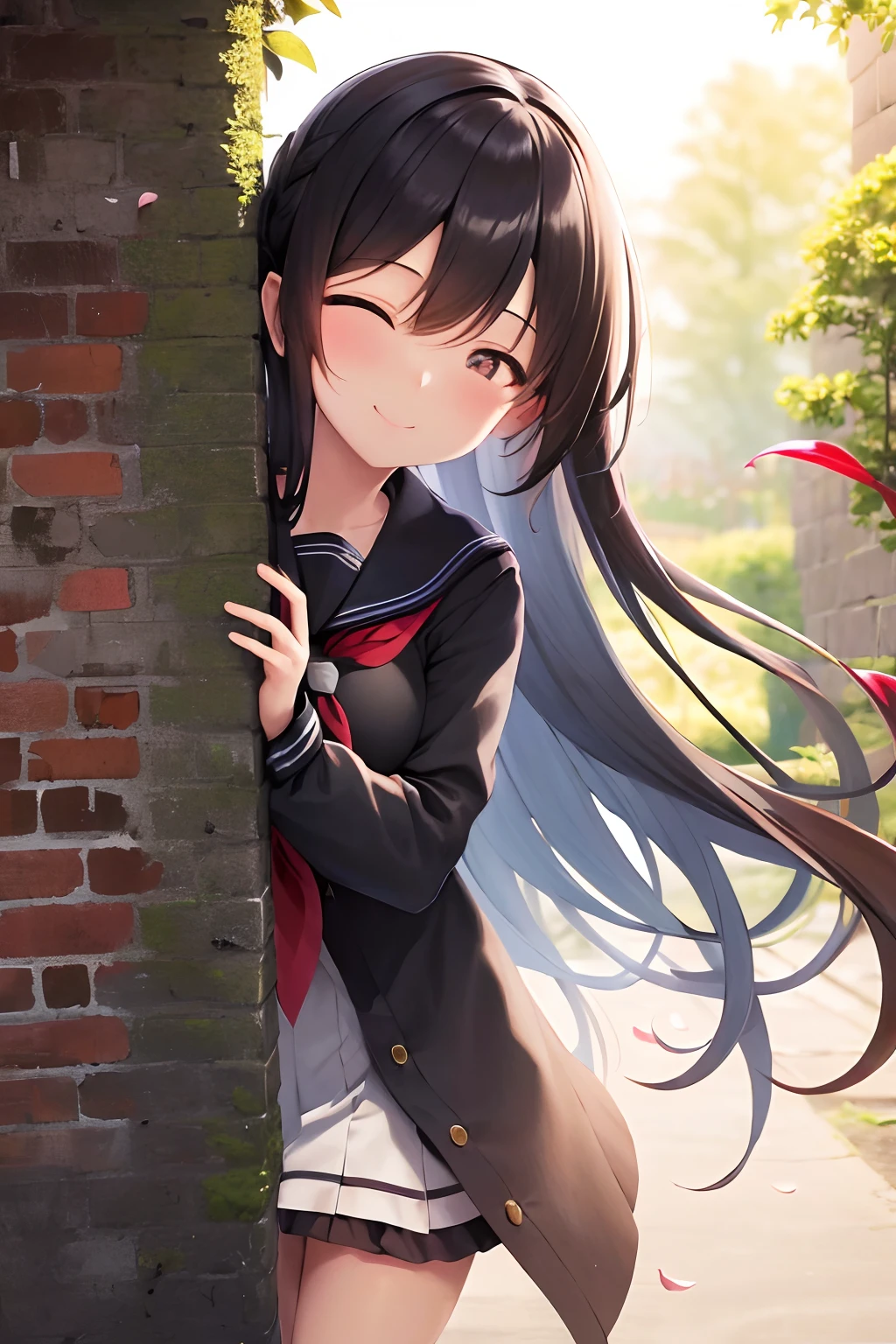 masterpiece, best quality, highres, 1girl smile closed eyes, very long hair, wind blowing, serafuku, peeking out upper body outdoors, brick wall, backlighting, petals, flowers, leaves