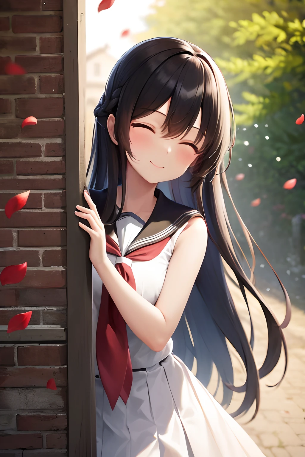 masterpiece, best quality, highres, 1girl smile closed eyes, very long hair, wind blowing, serafuku, peeking out upper body outdoors, brick wall, backlighting, petals, flowers, leaves