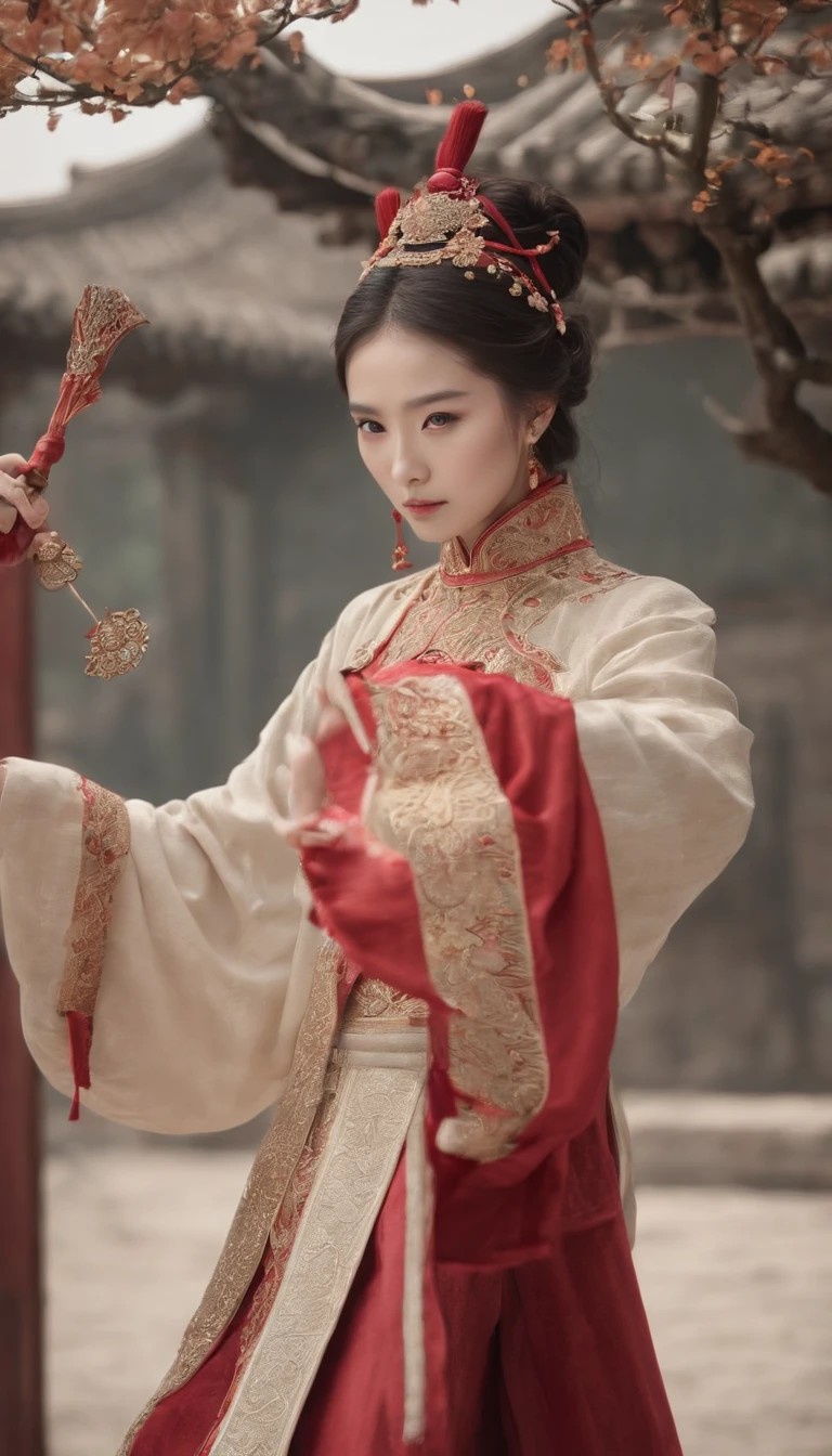 Jean-Jouët,Wan Jiang Yoshizong,16 K,masutepiece,Textured skin,Multiple Swords,embellished costume,award - winning photo, Extremely detailed, Stunning, Intricate details, Absurd, extraordinarily detailed woman, extremely detailed eye and face, Dazzling red eyes, Detailed clothing,Super long sleeves,Ding Xianghua,QMSJ,Candy coating,In the style of saturated pigments (((Chinese Dynasty Costume)))))) Gorgeous long eyes Big eyes